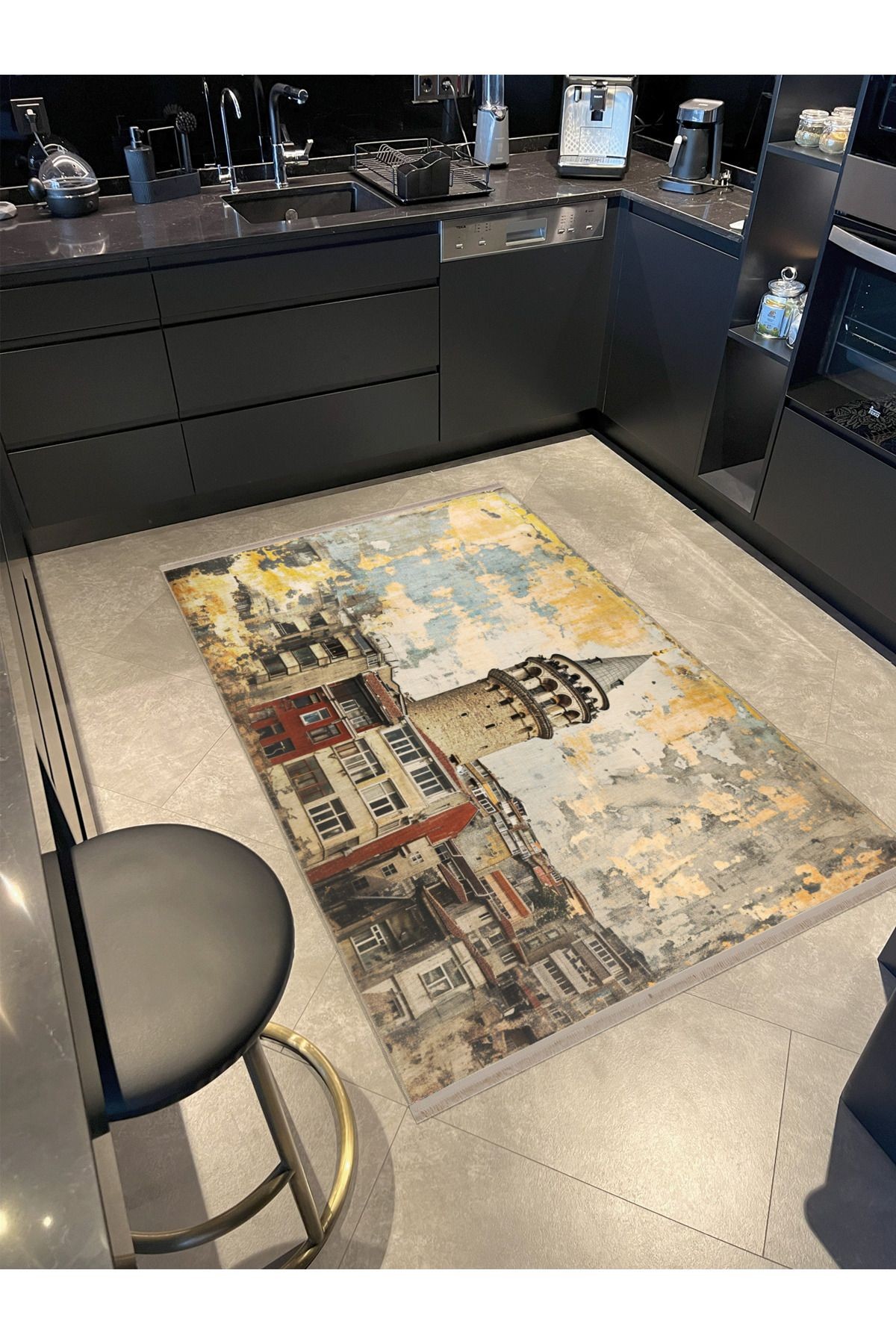 Dido 2 Koleksiyonu Çok Renkli Bina Ve Kule Desenli Saçaklı Vintage Dekoratif Halı 3257