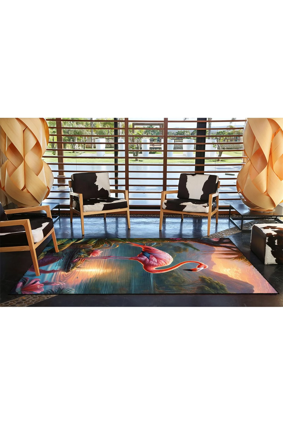 Pembe Flamingo Desenli Dokuma Taban ve Dekoratif Halı miravip404