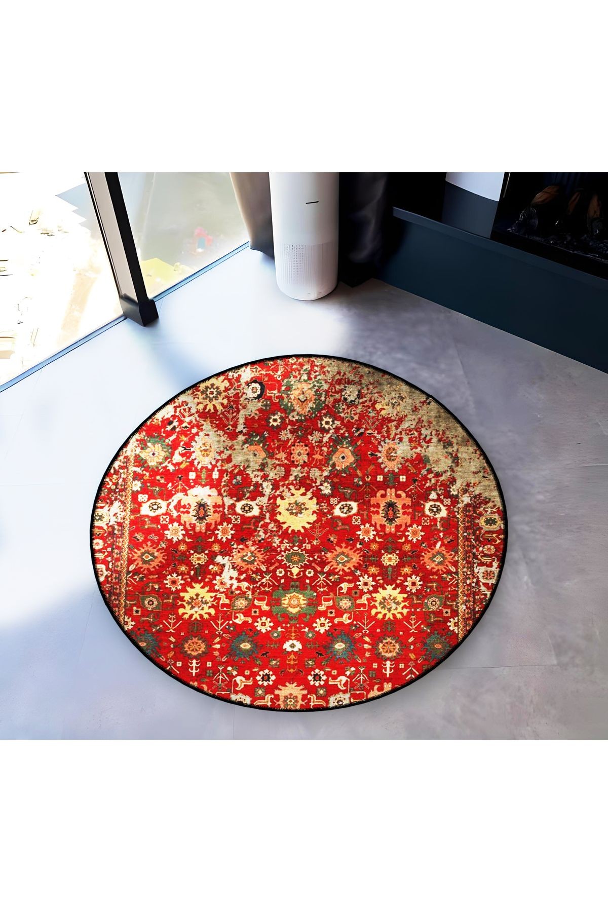 Kırmızı Temalı Geleneksel Motif Desenli Yuvarlak Dokuma Taban Vintage Dekoratif Halı 6189