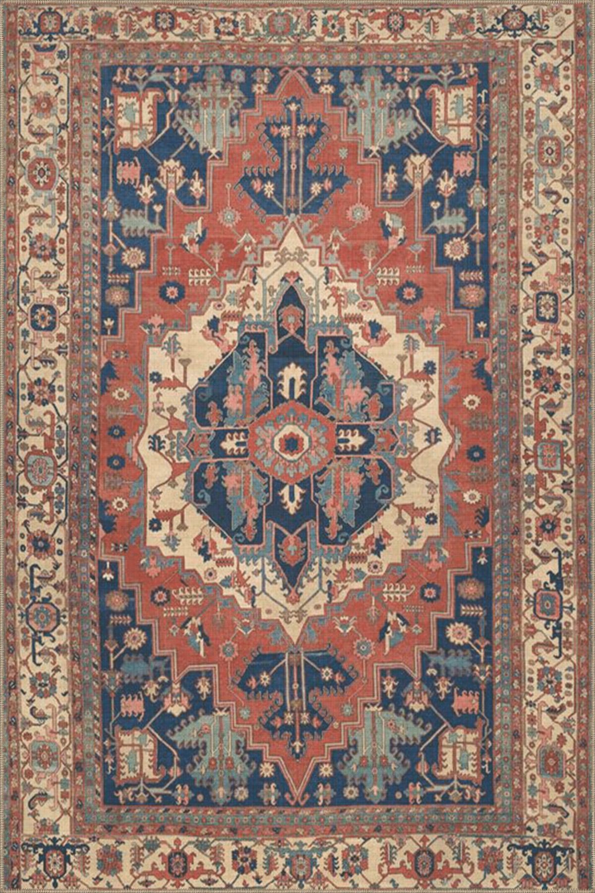 Bej Mavi Temalı Geleneksel Motif Desenli Vintage Dekoratif Halı 3854