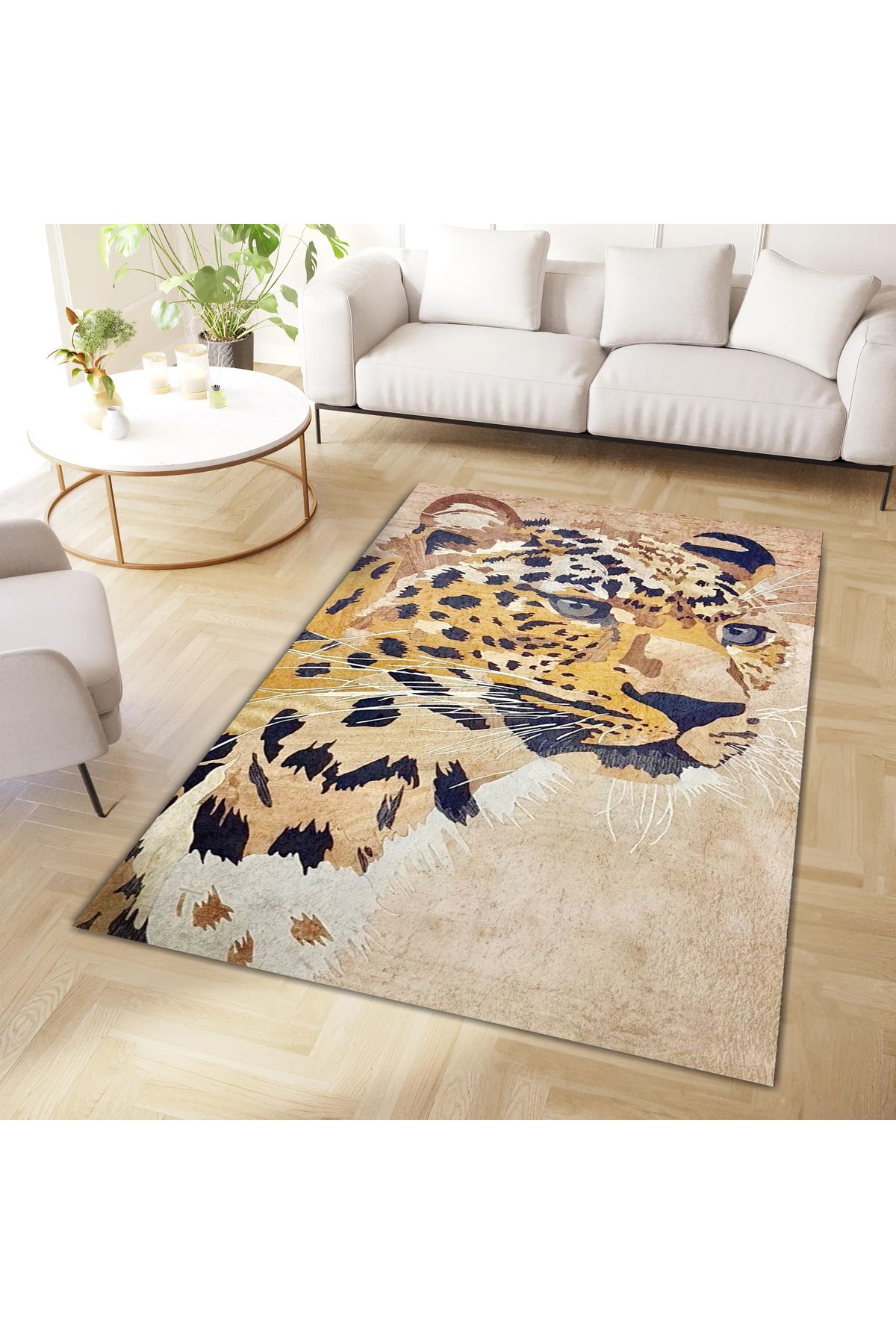 Kuzey Koleksiyonu Sarı Bej Tonlarda Kaplan Desenli Dokuma Taban Modern Dekoratif Halı kuzey28