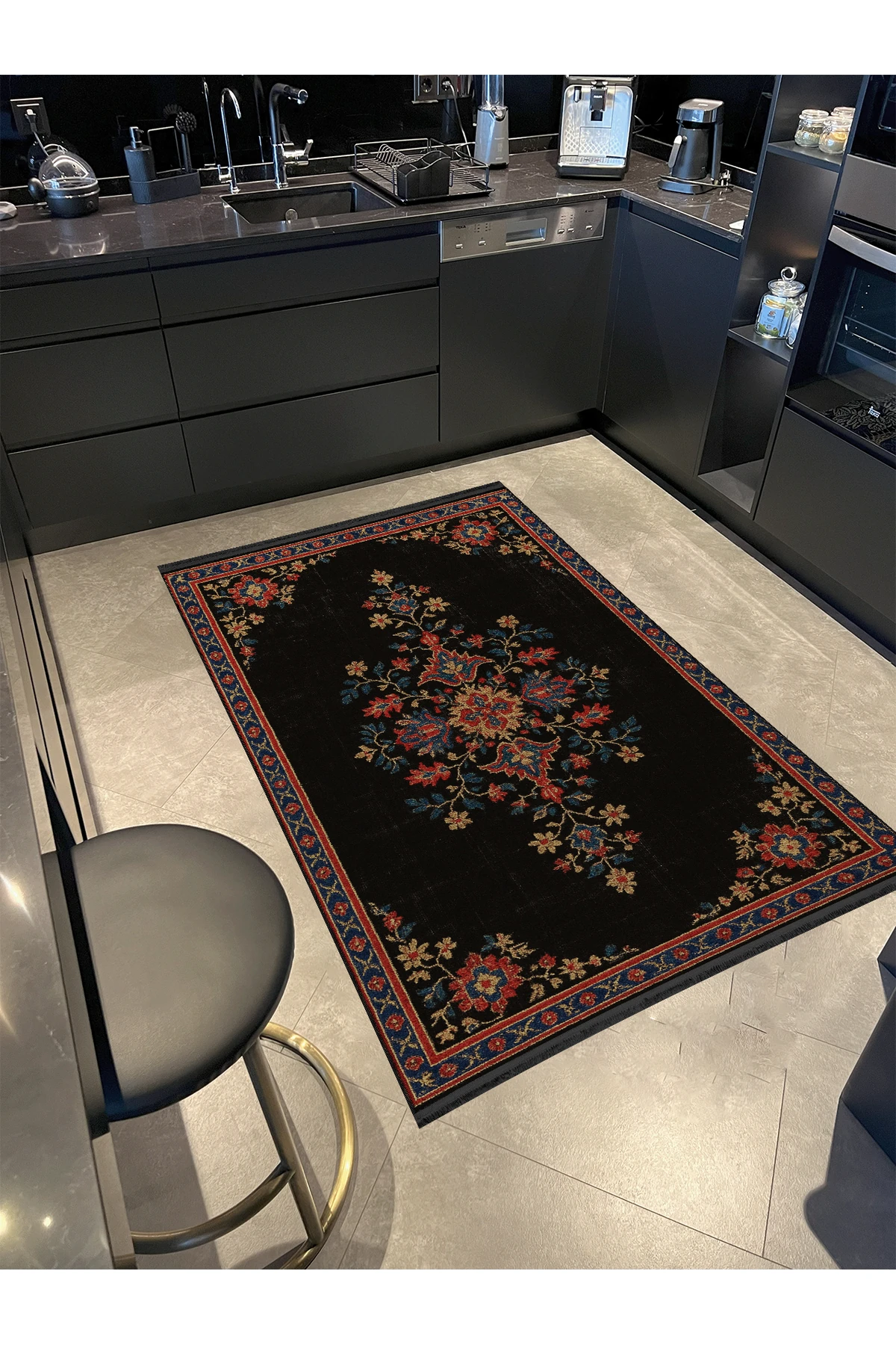 MOSSO Siyah Temalı Etnik Motifler ve Çiçekler Desenli Dokuma Taban Vintage Dekoratif Halı mosso317