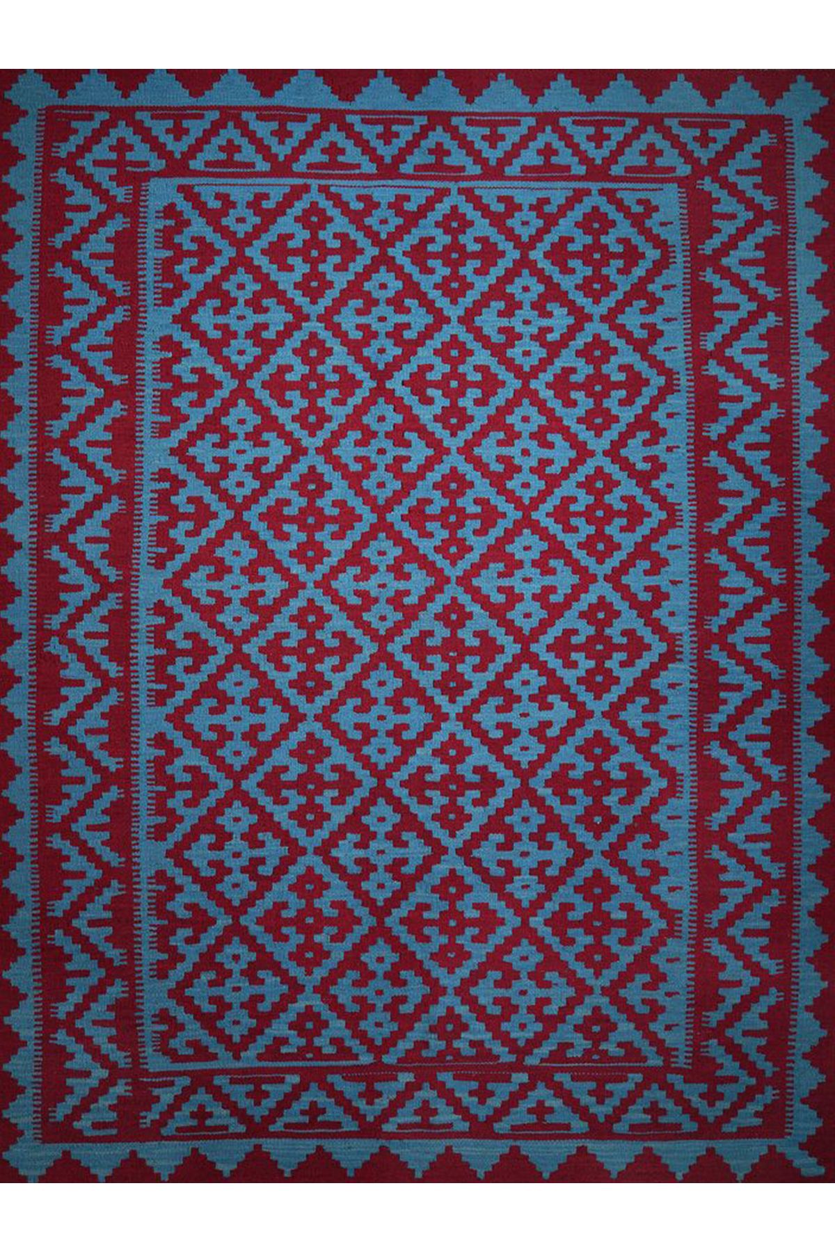 Maya Koleksiyonu Mavi Bordo Etnik Desenli Dokuma Taban Modern Dekoratif Halı maya25