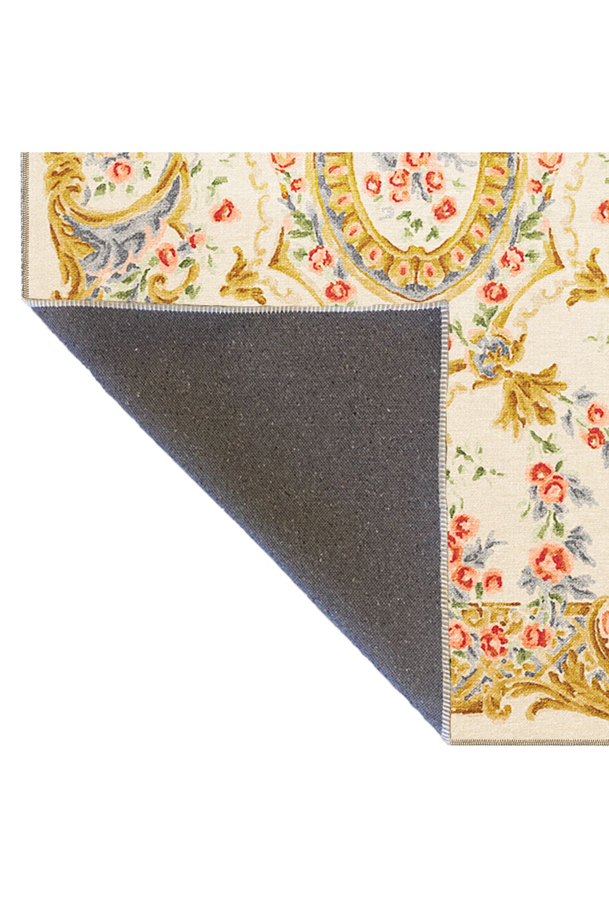 Sarı Bej Temalı Geleneksel Motif Etnik Çiçek Desenli Vintage Dekoratif Halı 3437