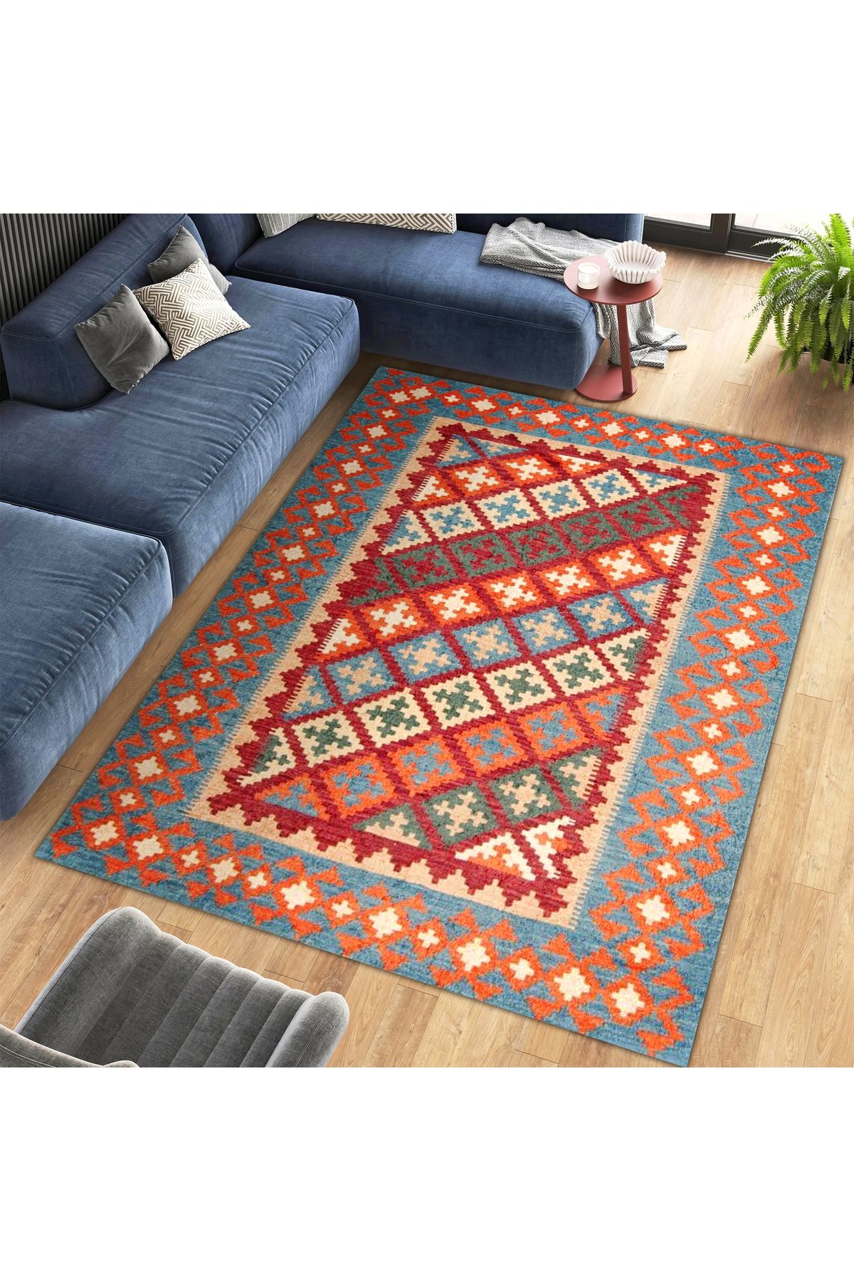 Aysu Koleksiyonu Turuncu Detaylı Etnik Desenli Dokuma Taban Modern Dekoratif Halı aysu19