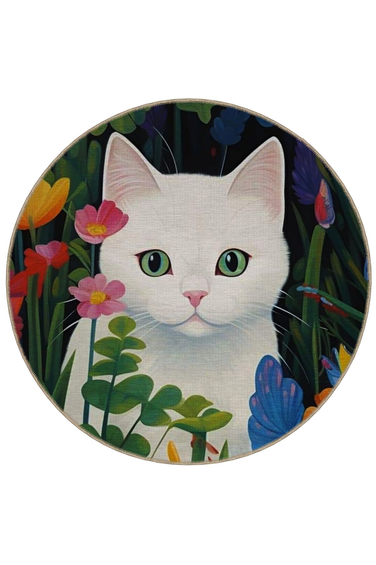 Mira Yuvarlak Çiçek Detaylı Beyaz Kedi Desenli Modern Dekoratif Halı 5530