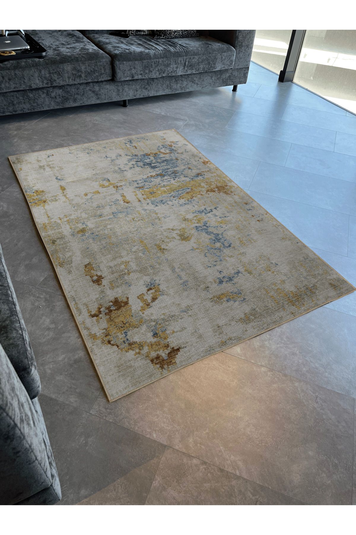 Bej Temalı Çok Renkli Soyut Desenli Kreatif Modern Dekoratif Halı 2858