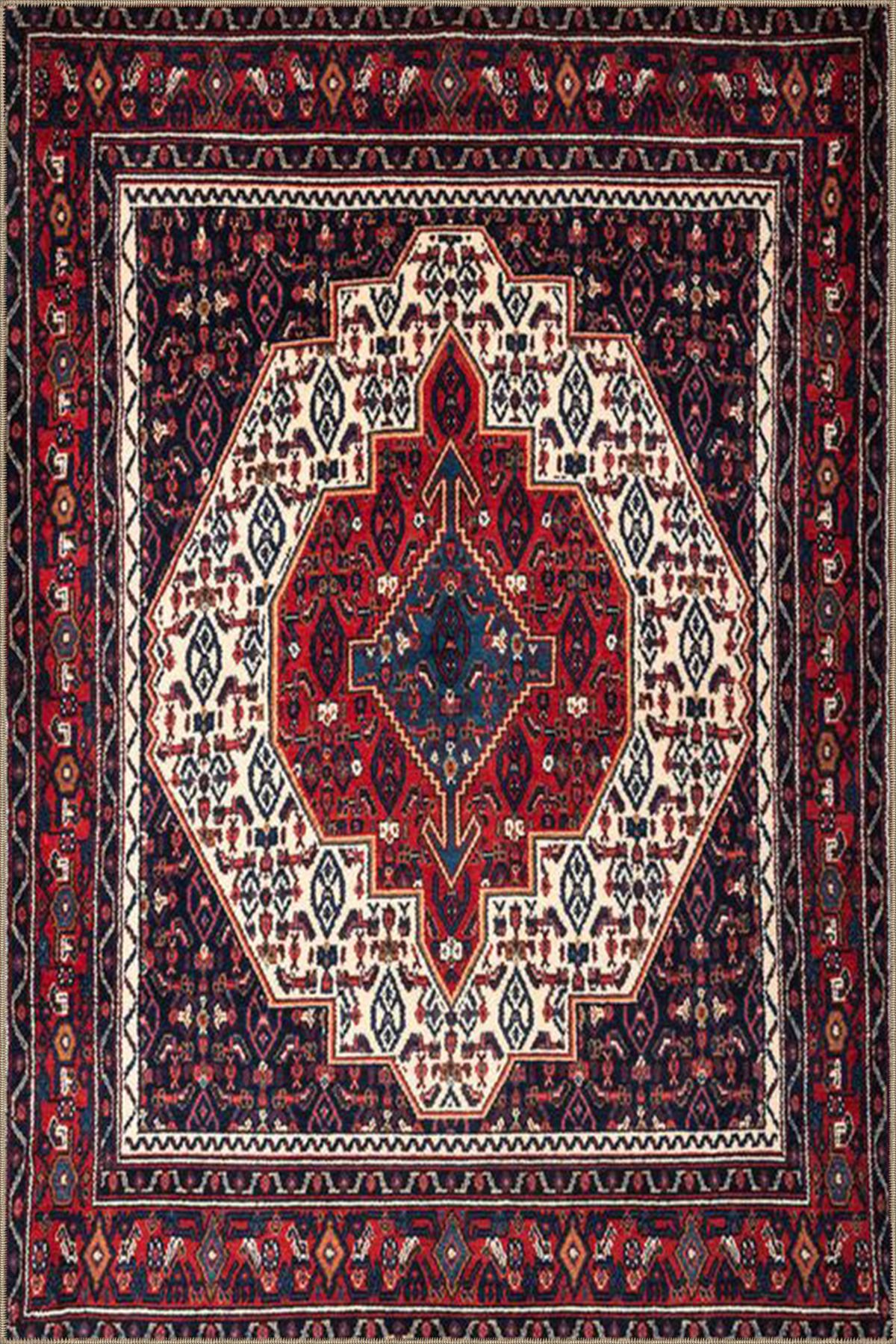 Beyaz Kapalı Kırmızı Çiçekli Geometrik Geleneksel Desenli Kreatif Dokuma Taban Halı miravip132