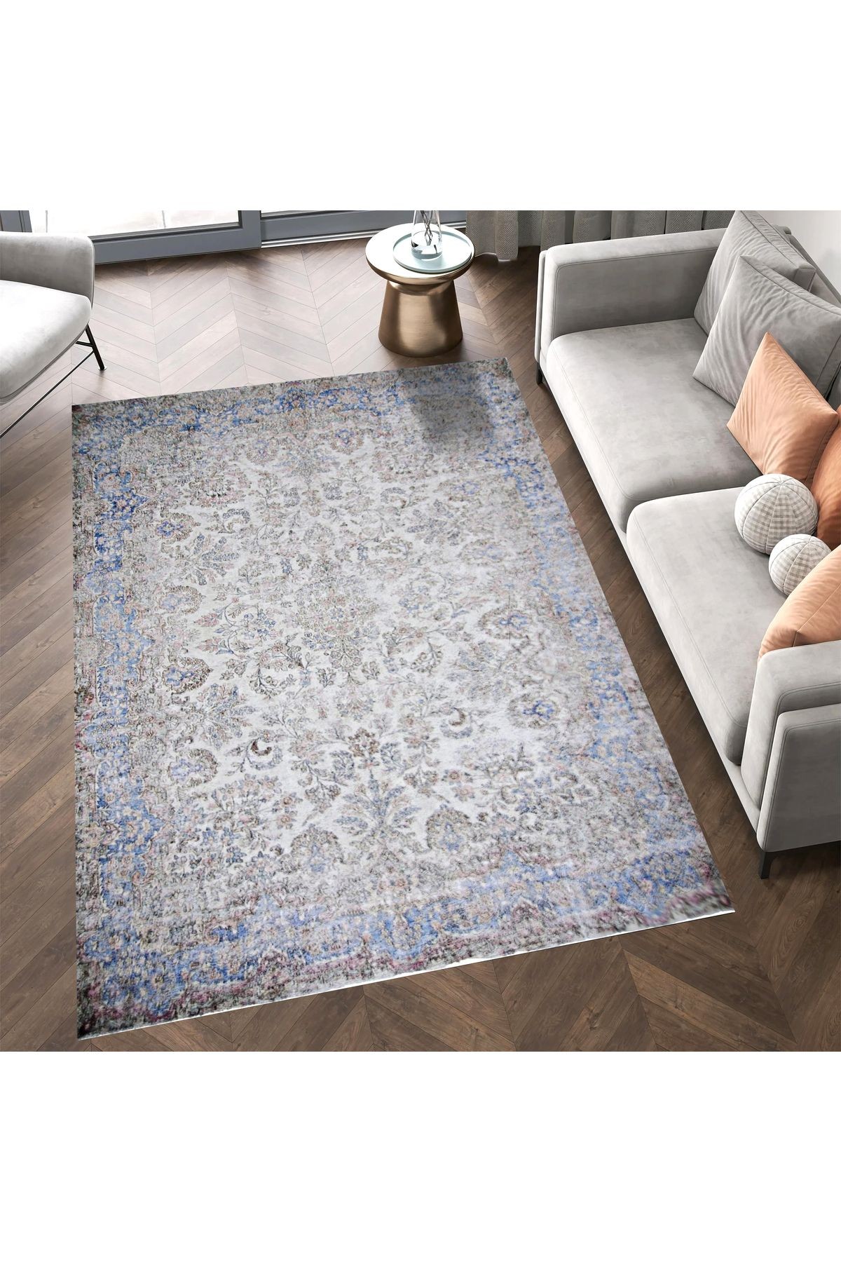 Asena Koleksiyonu Gri Mavi Temalı Geleneksel Motif ve Çiçek Desenli Vintage Dekoratif Halı 07