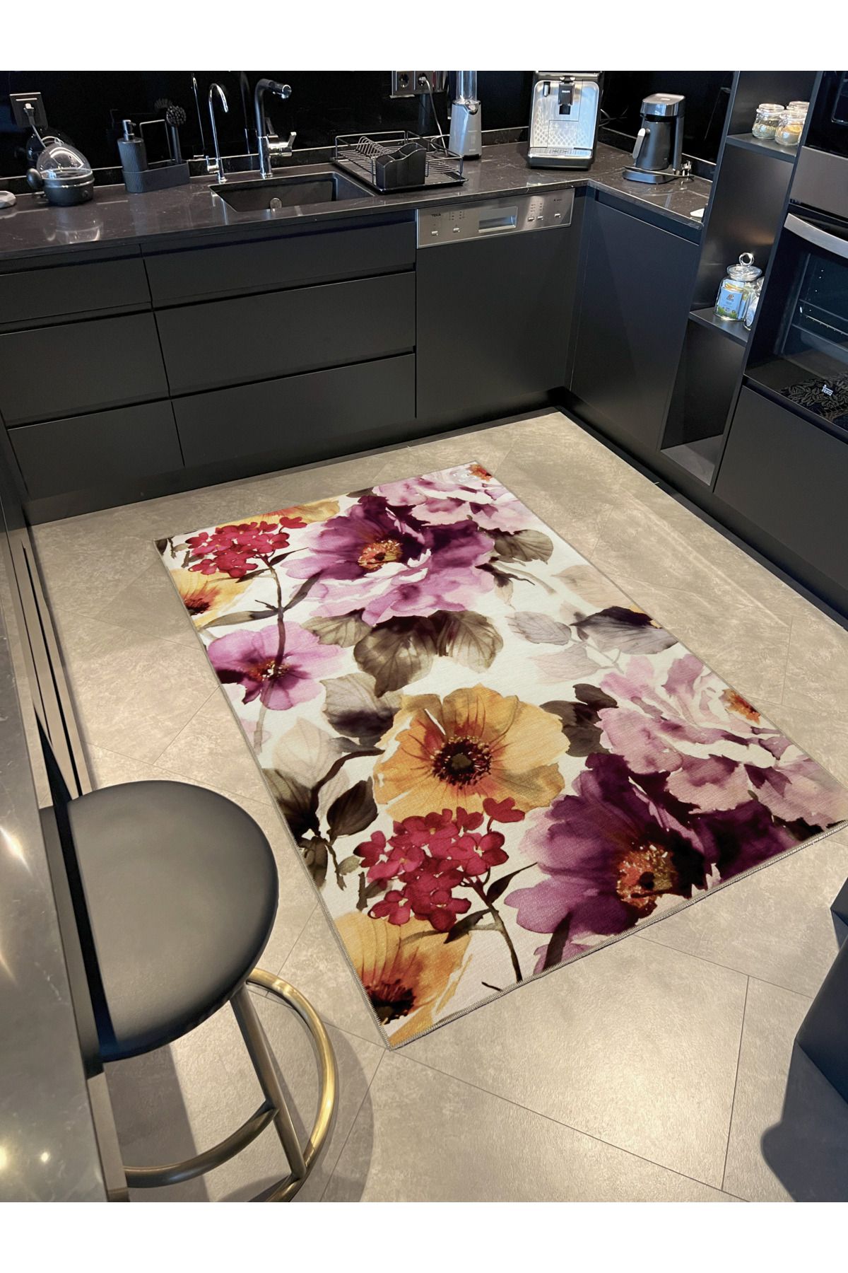 Mor Sarı Temalı Gül Desenli Kreatif Modern Dekoratif Halı 2143