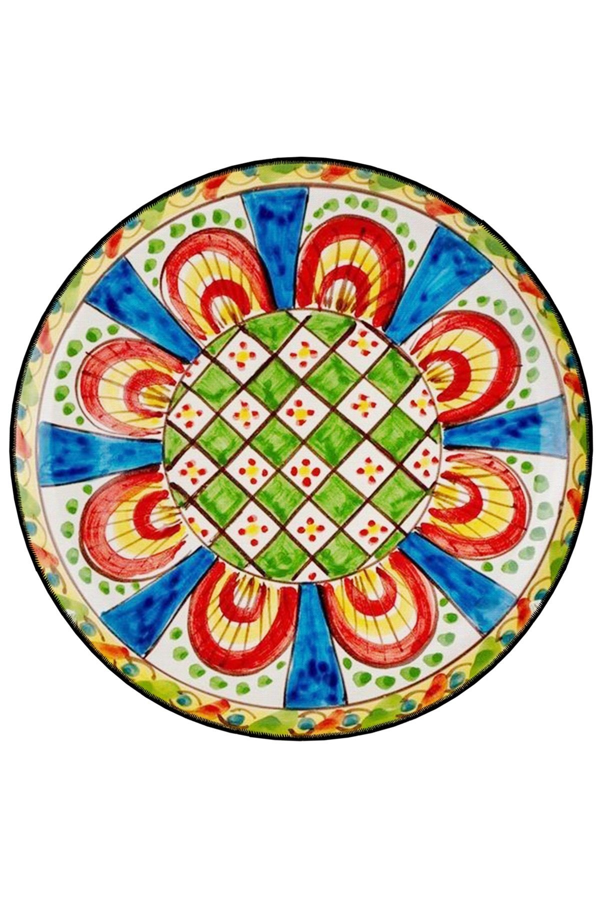 Mira Yuvarlak Yeşil Kırmızı Tonlarda Desenli Dokuma Taban Modern Dekoratif Halı 5641