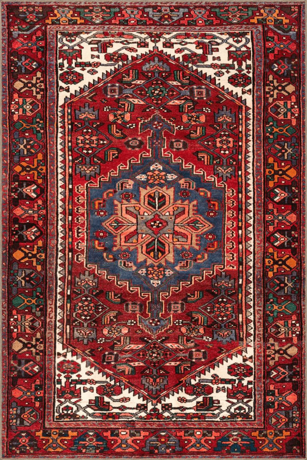 Bordo Temalı Çok Renkli Geleneksel Motif Desenli Vintage Dekoratif Halı 4787