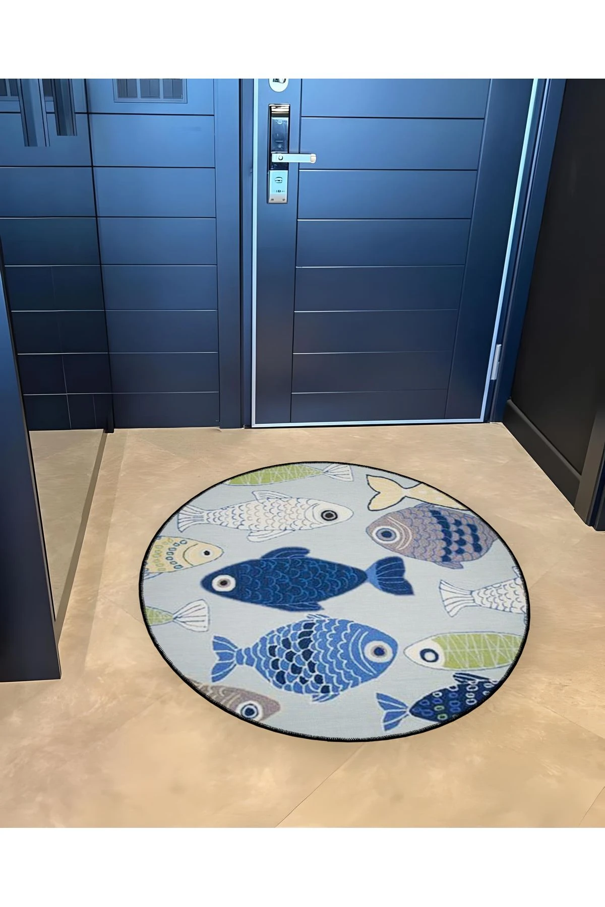 Mira Yuvarlak Mavi Tonlarda Balıklar Dokuma Taban Modern Dekoratif Halı 5546