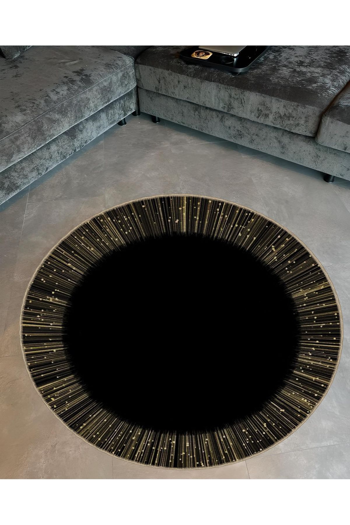 Siyah Temalı Klasik Desenli Çizgi Ayrıntılı Yuvarlak Dokuma Taban Modern Dekoratif Halı 6031