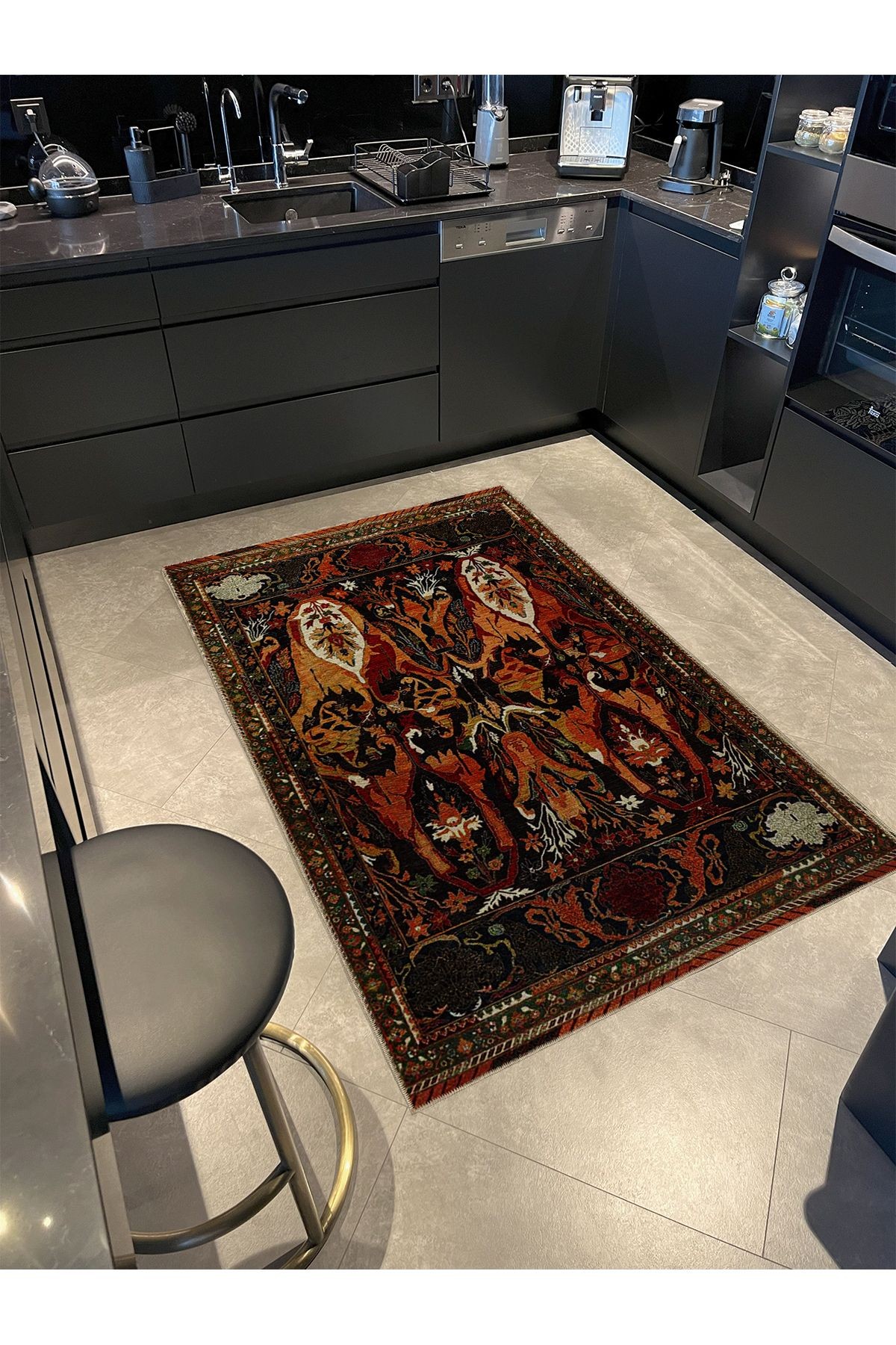 Antik Tasarım Serisi Kahverengi ve Turuncu Çiçek Detaylı Vintage Dekoratif Halı antik50