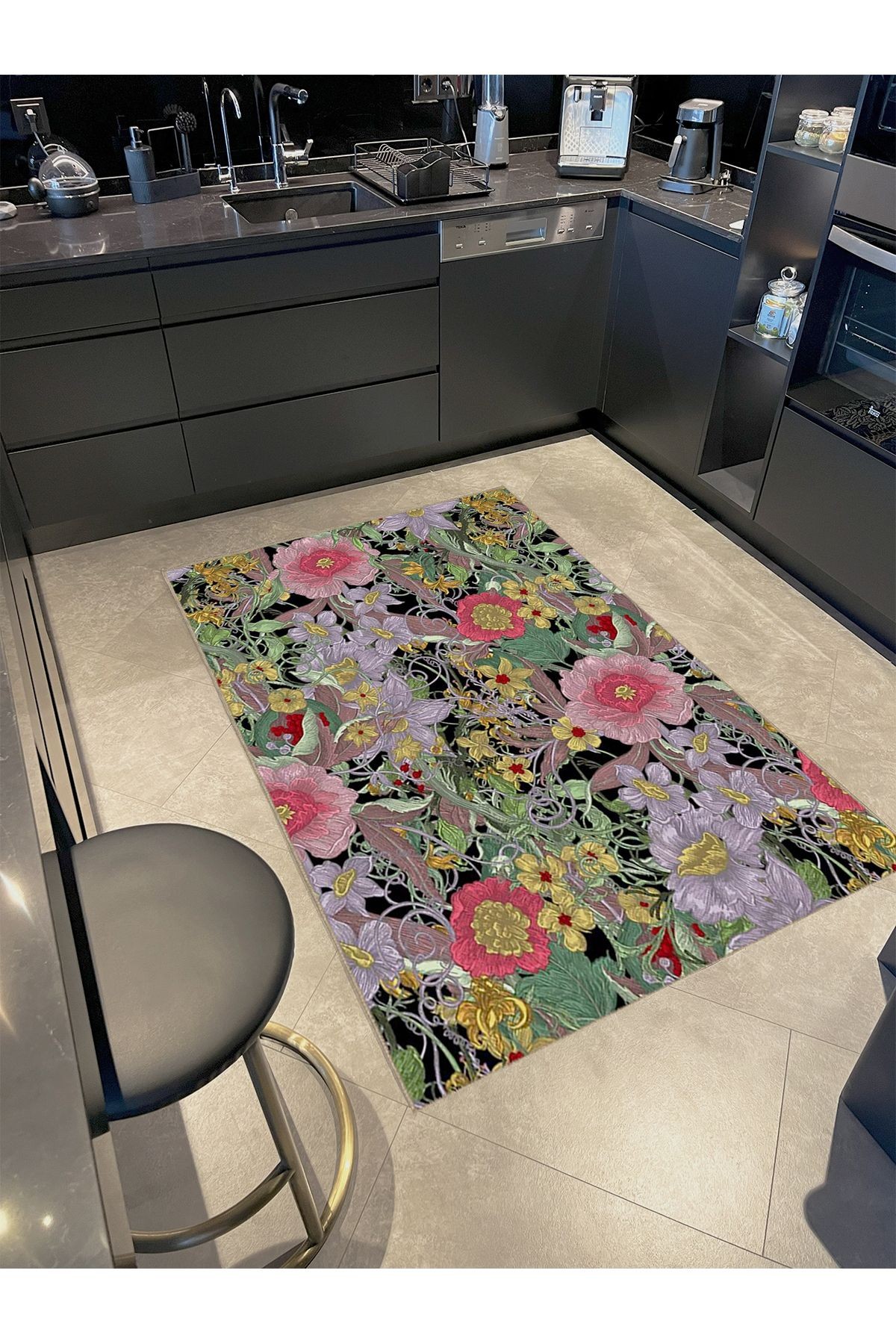 Semih Koleksiyonu Çok Renkli Floral Karma Çiçekler Desenli Dokuma Taban Modern Dekoratif Halı 43