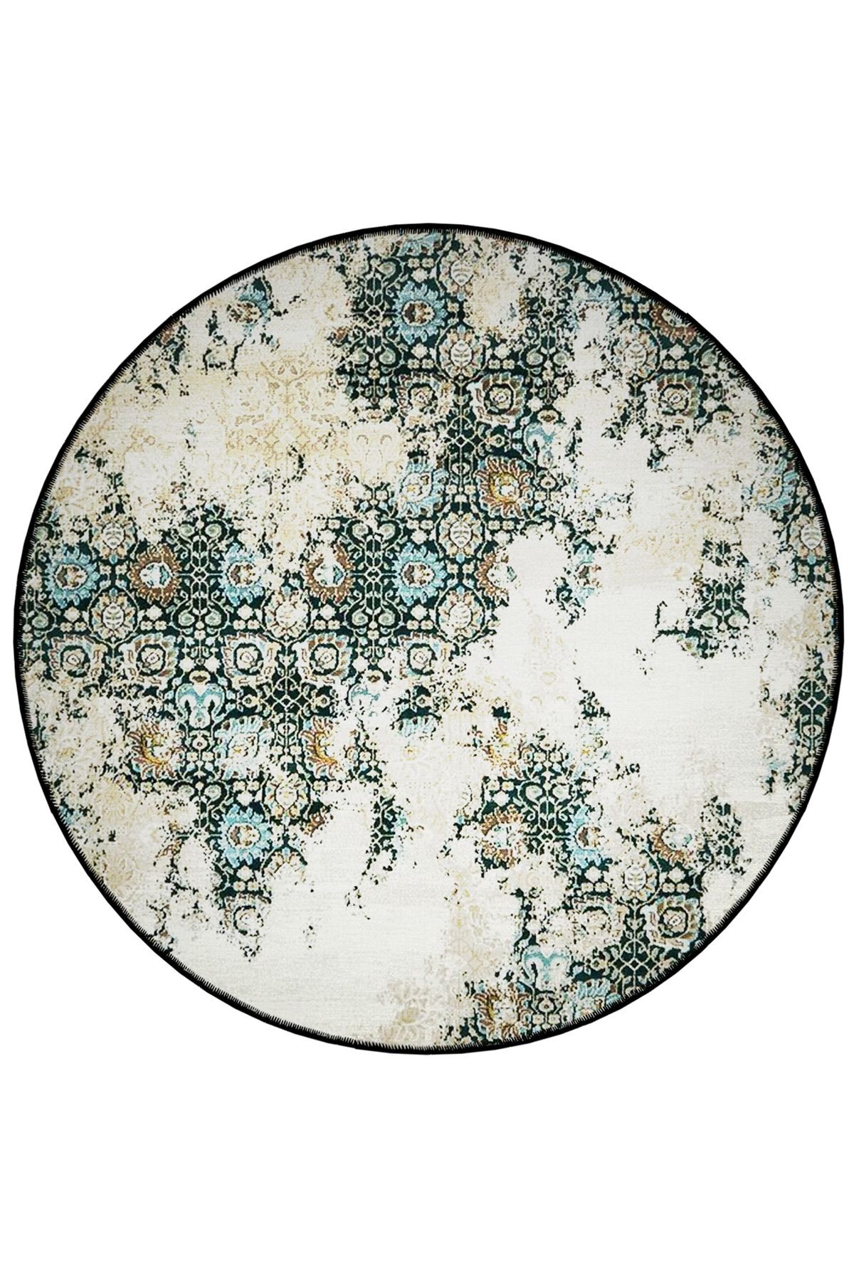 Bej Temalı Soyut Geleneksel Motif Desenli Yuvarlak Dokuma Taban Vintage Dekoratif Halı 6182