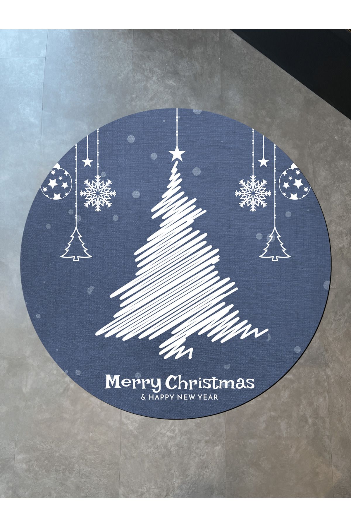Mavi Yılbaşı Temalı Ağaç Süs Desenli Modern Dokuma Taban Yuvarlak Dekoratif Halı 2247