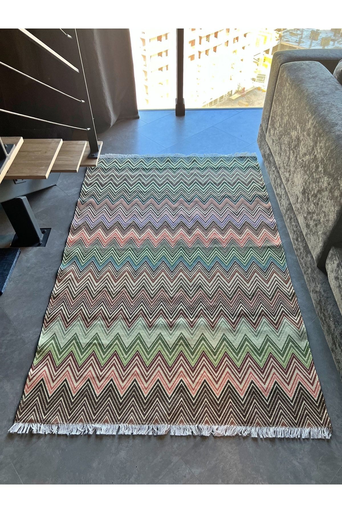Cotton 544 Pastel Tonlarda Çok Renkli Zigzag Desenli Kilim