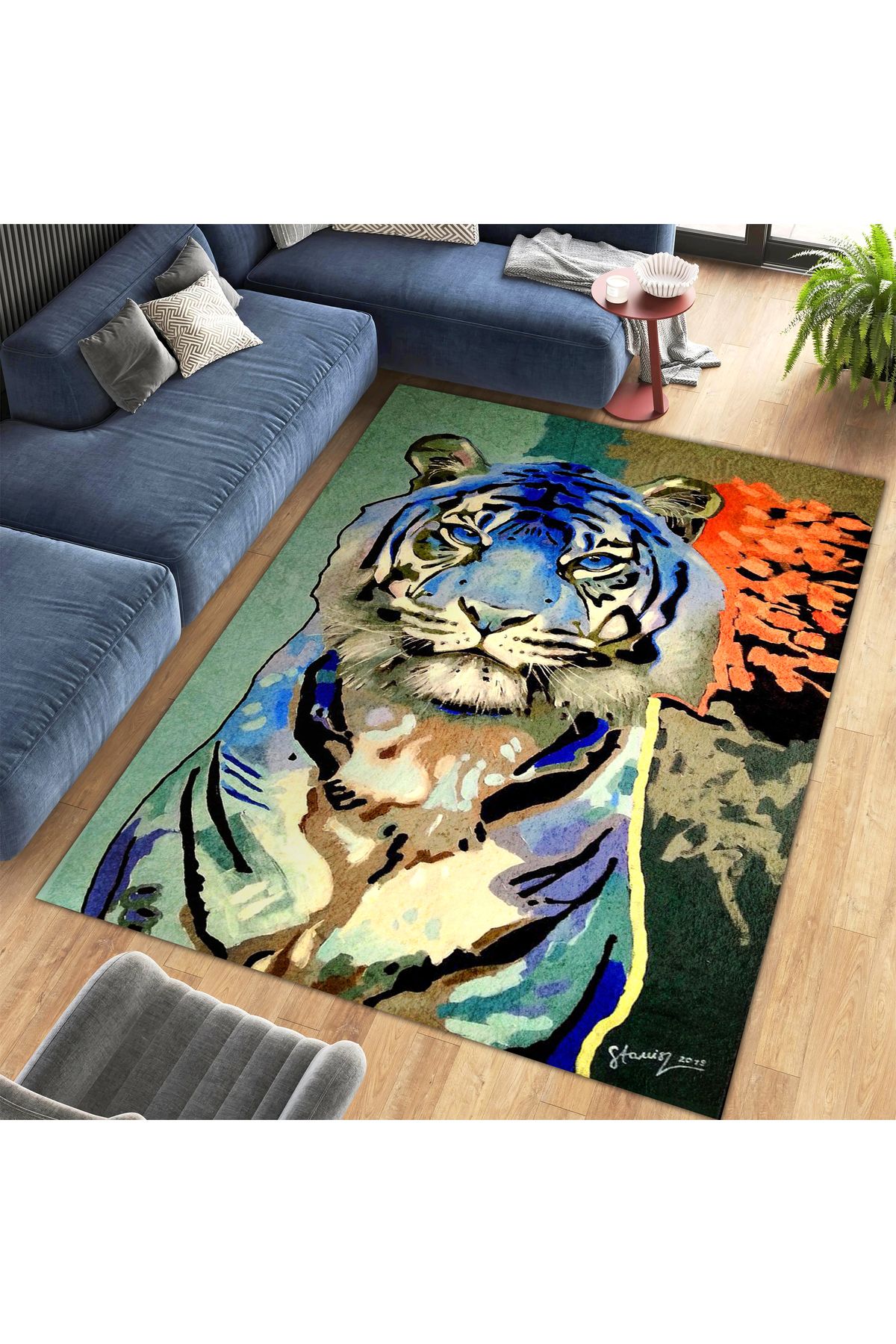 Kuzey Koleksiyonu Mavi Turuncu Detaylı Kaplan Desenli Dokuma Taban Dekoratif Halı kuzey27