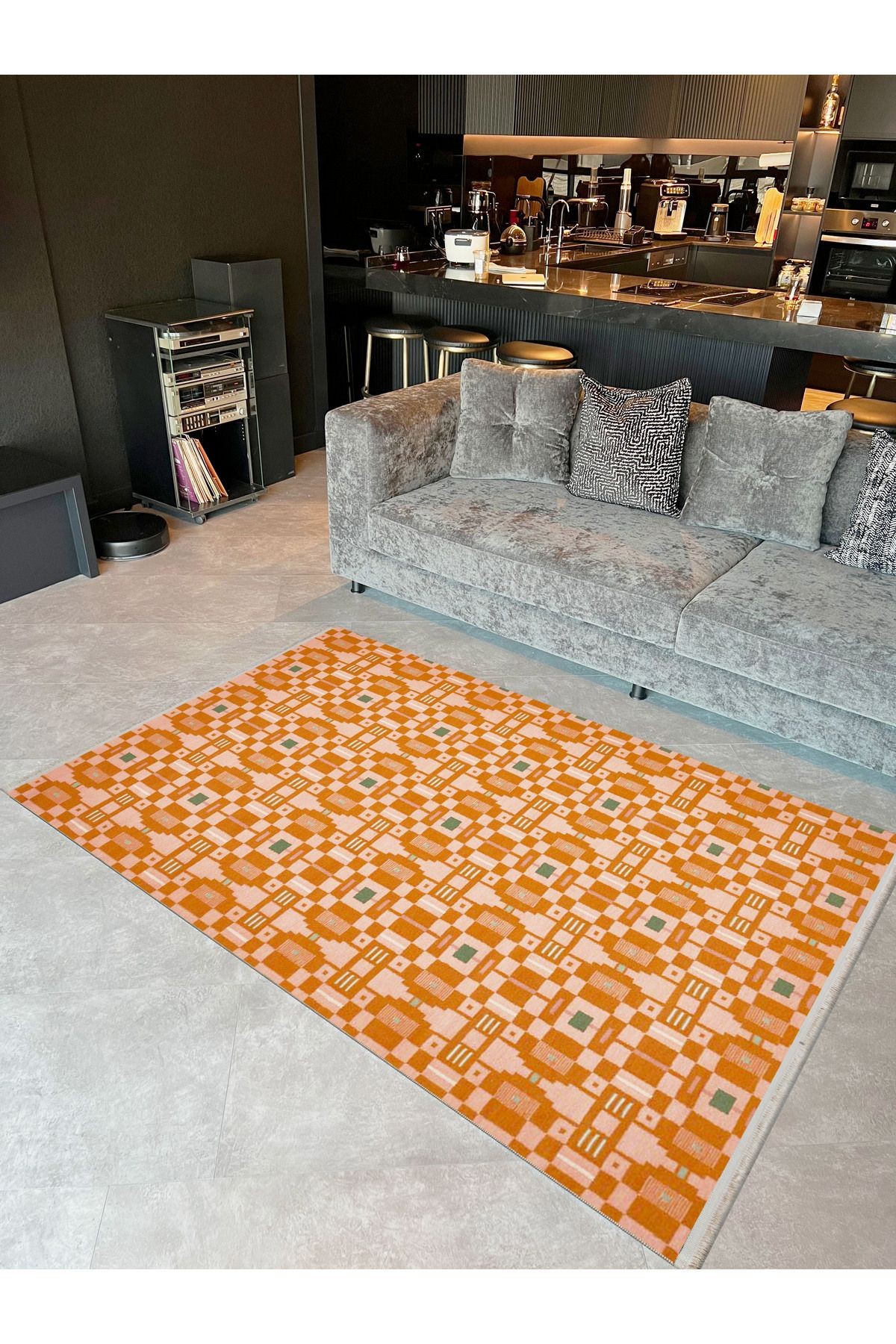 Paris Koleksiyonu Turuncu Temalı Geometrik Motif Desenli Kreatif Modern Dekoratif Halı 176