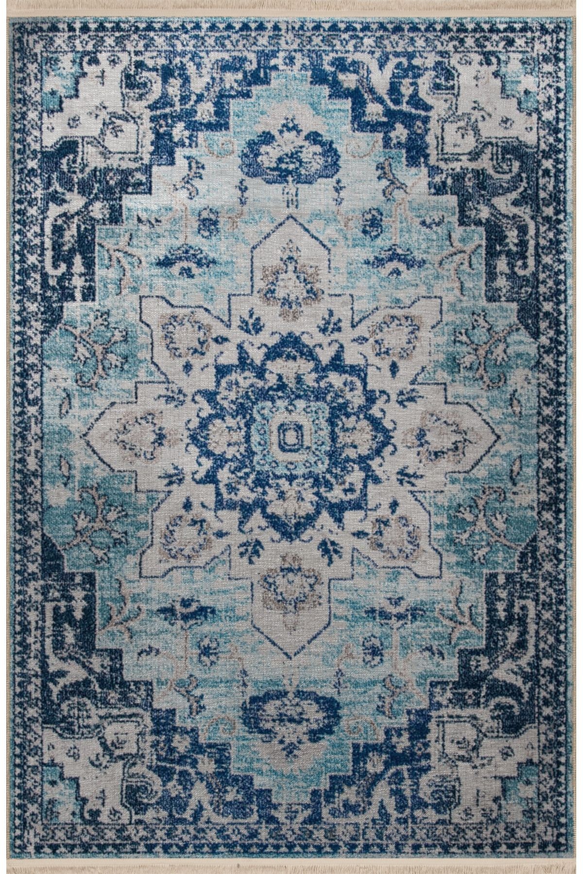 Mavi Temalı Geleneksel Motif Desenli Kreatif Vintage Dekoratif Halı 2966