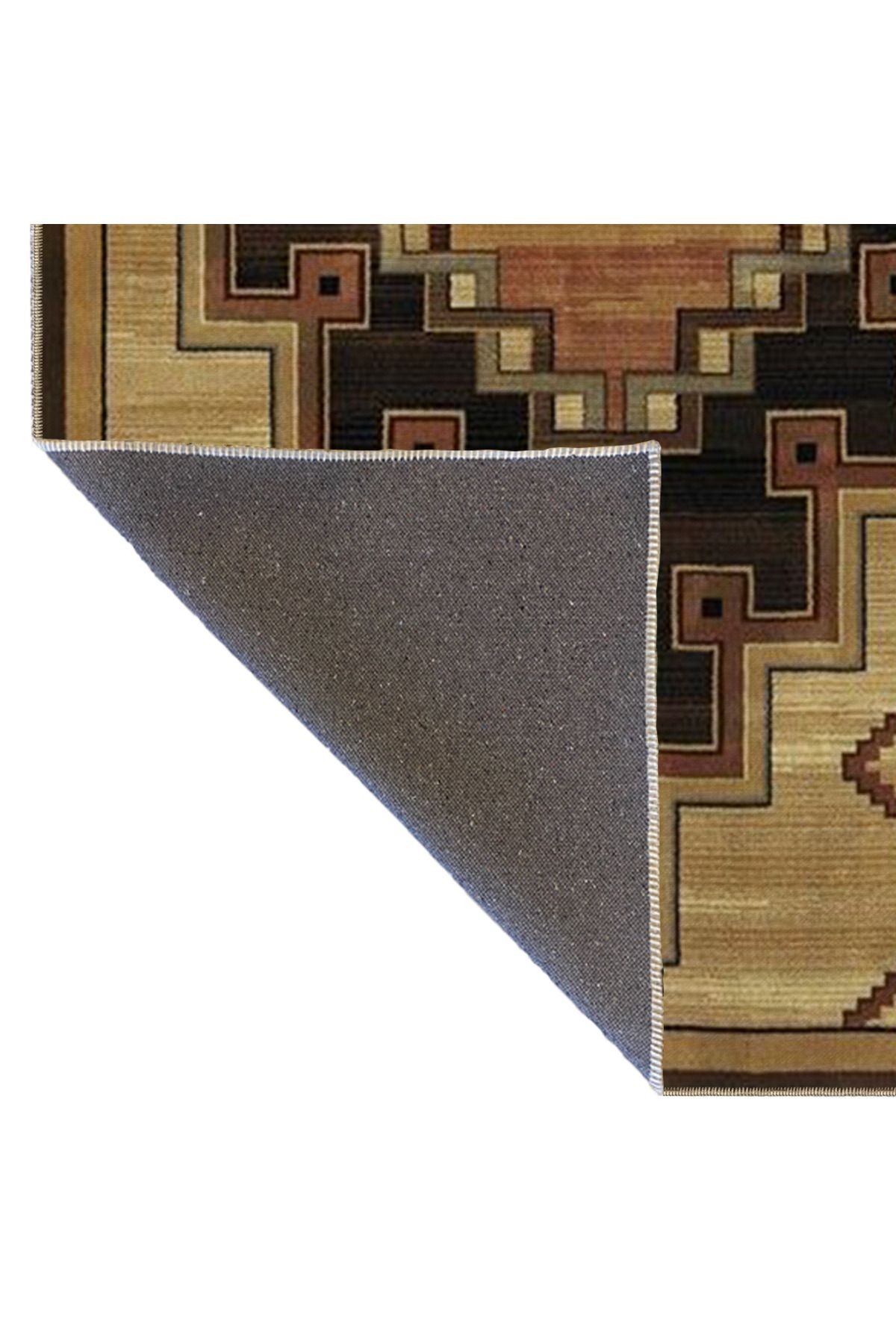 Bej Kahverengi Temalı Motifli Etnik Geometrik Desenli Vintage Dekoratif Halı 3532