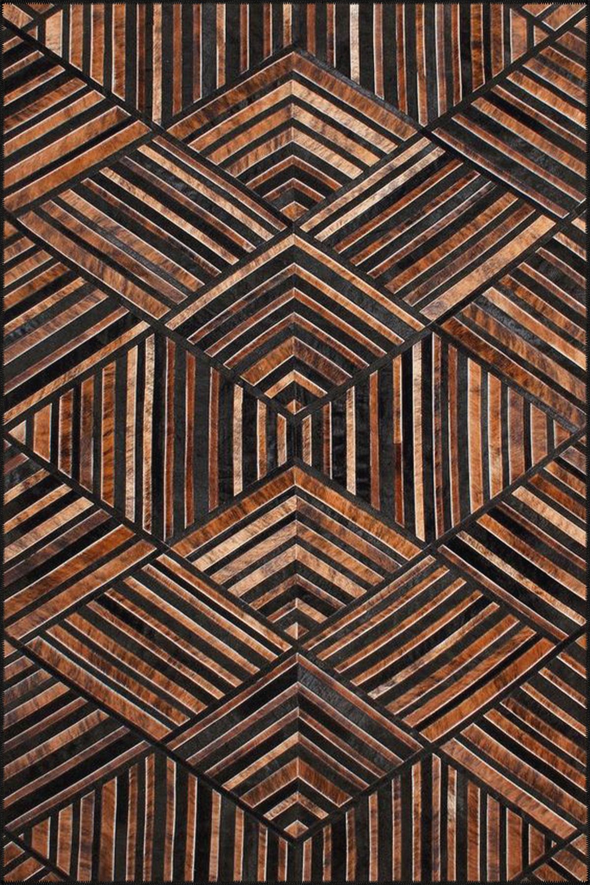 Geometrik Modern Kahverengi Temalı Desenli Dokuma Taban ve Yıkanabilir Halı miravip9541