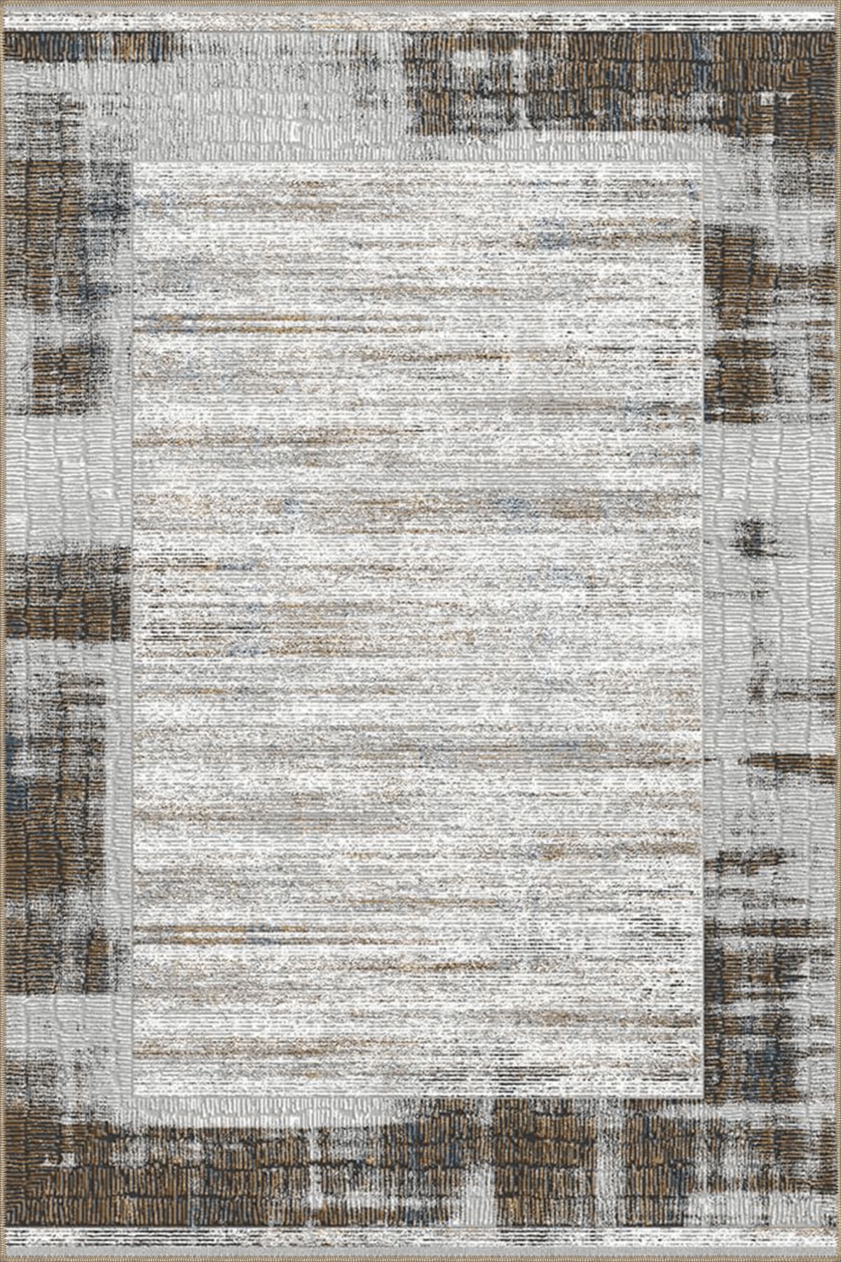 Bej Kahve Temalı Çizgili Soyut Desenli Modern Dekoratif Halı 4880