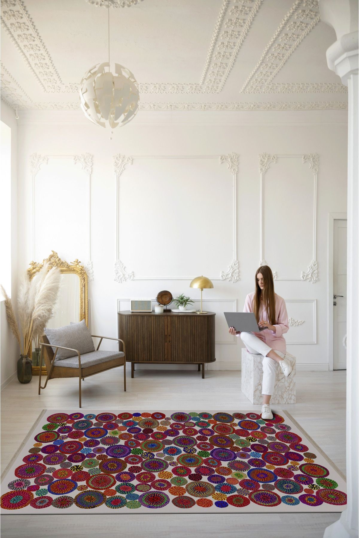 Mira Çok Renkli Geometrik Daire Desenli Modern Dekoratif Halı Mira 1590