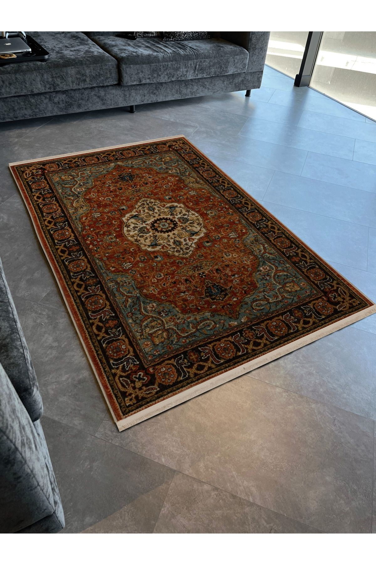 Turuncu Mavi Temalı Geleneksel Motif Etnik Desenli Kreatif Vintage Dekoratif Halı 2875