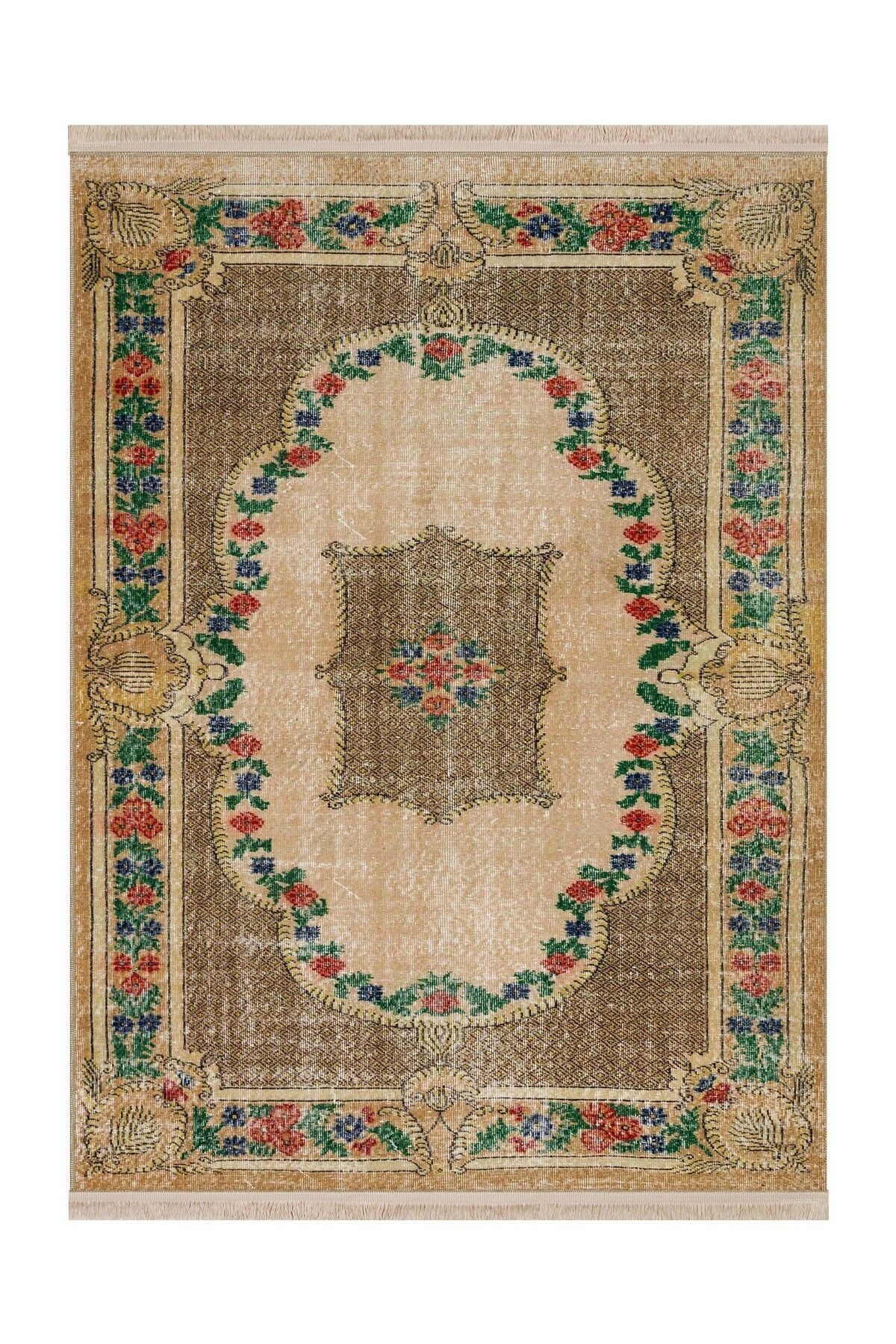 Memlük Koleksiyonu Kahve Temalı Çiçekli Etnik Vintage Desenli Dokuma Taban Dekoratif Halı memlük23