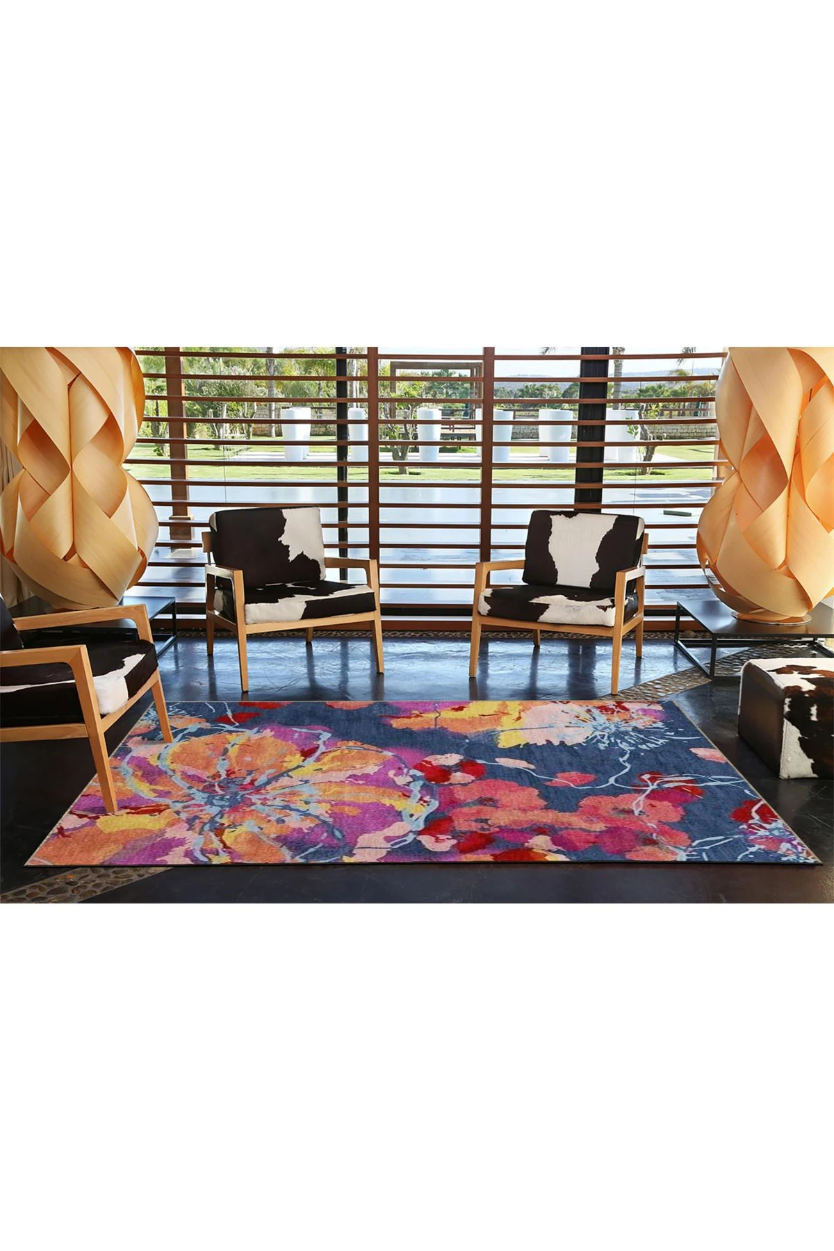 Lacivert Temalı Çok Renkli Floral Çiçek Desenli Kreatif Modern Dekoratif Halı 3803