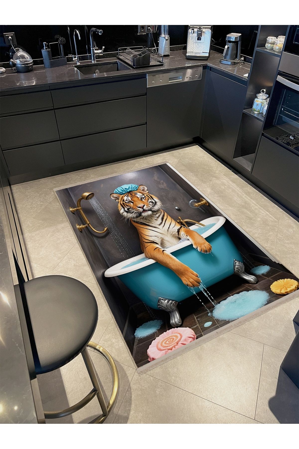 Semih Koleksiyonu Küvette Banyo Yapan Kaplan Desenli Dokuma Taban Kreatif Modern Dekoratif Halı 20