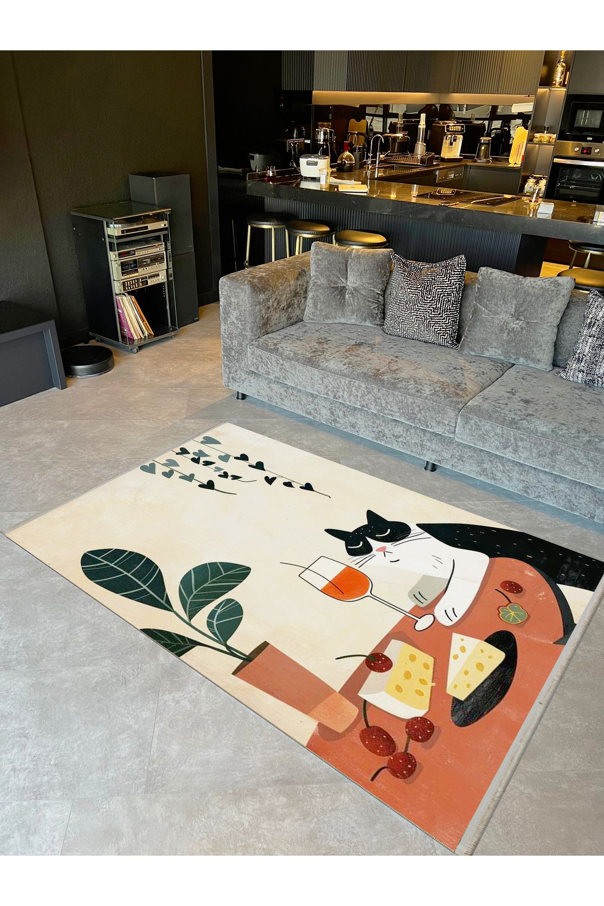Özge Koleksiyonu Kedi Kadeh ve Peynir Desenli Dokuma Taban Modern Dekoratif Halı özge44