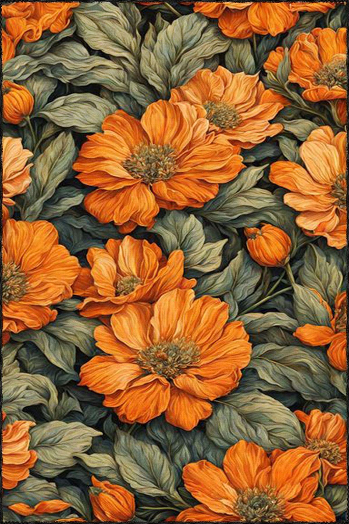Floral Turuncu Desenli Yıkanabilir Halı miravip8218