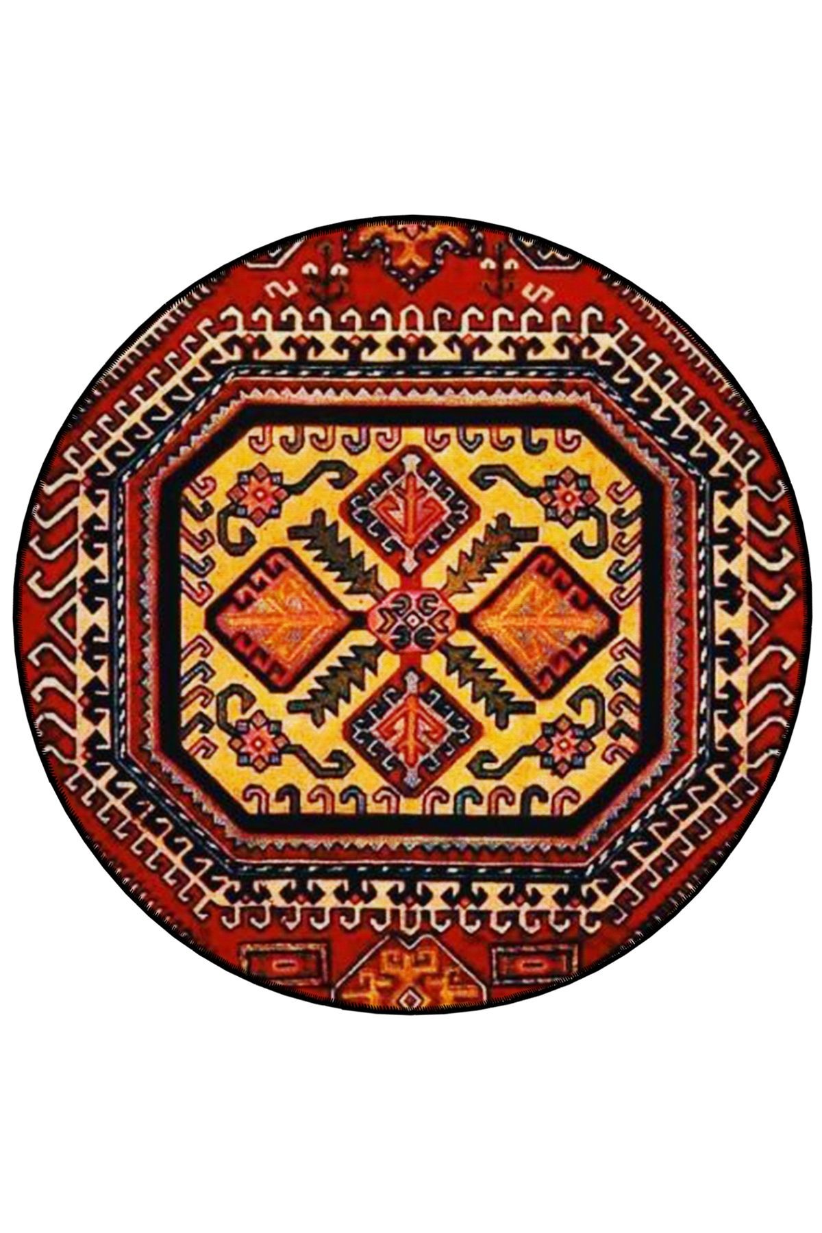 Bordo ve Sarı Tema Geleneksel Motif Desenli Yuvarlak Dokuma Taban Vintage Dekoratif Halı 6121