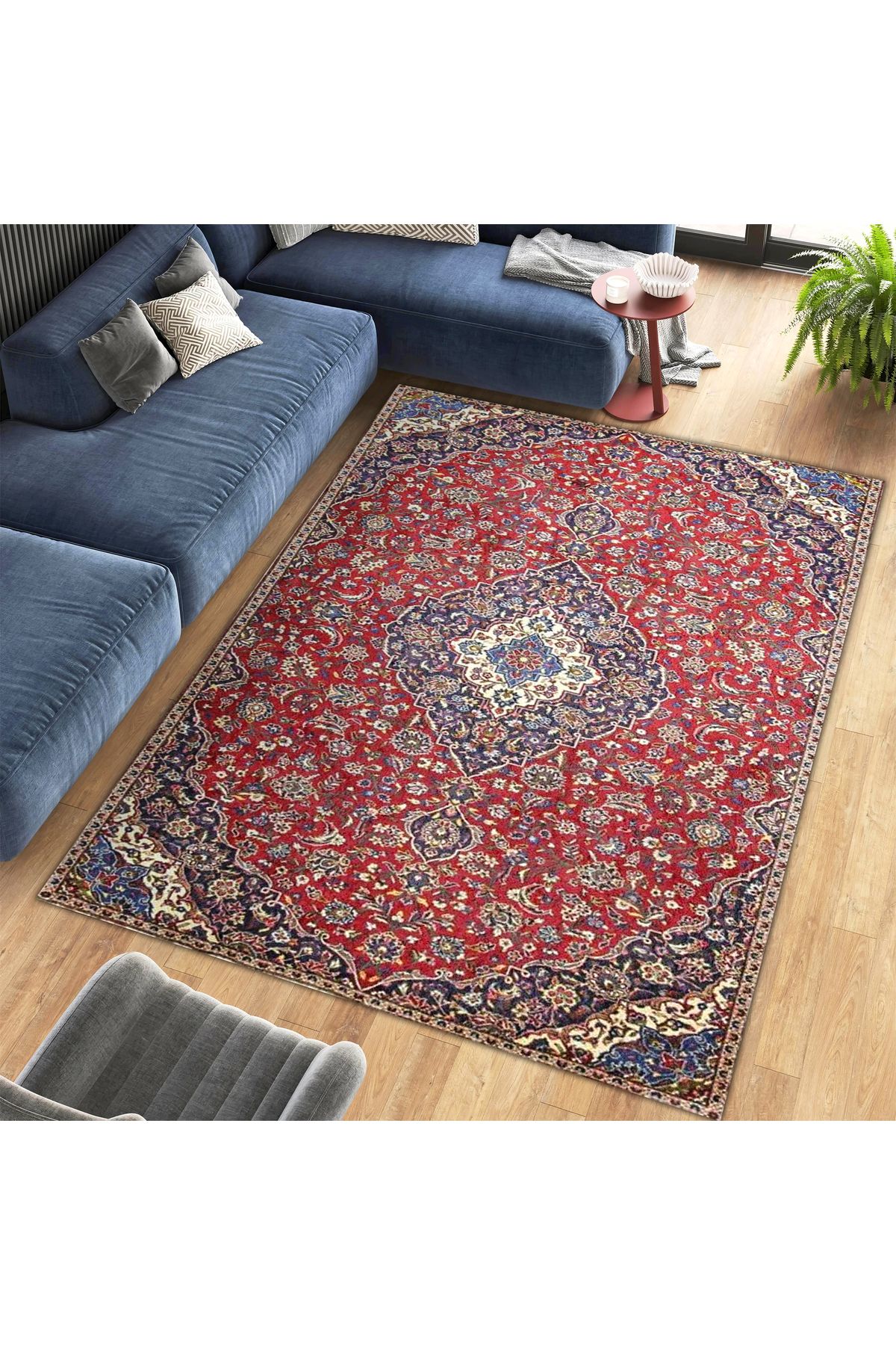 Kırmızı Lacivert Etnik Desenli Dokuma Taban Dekoratif Halı