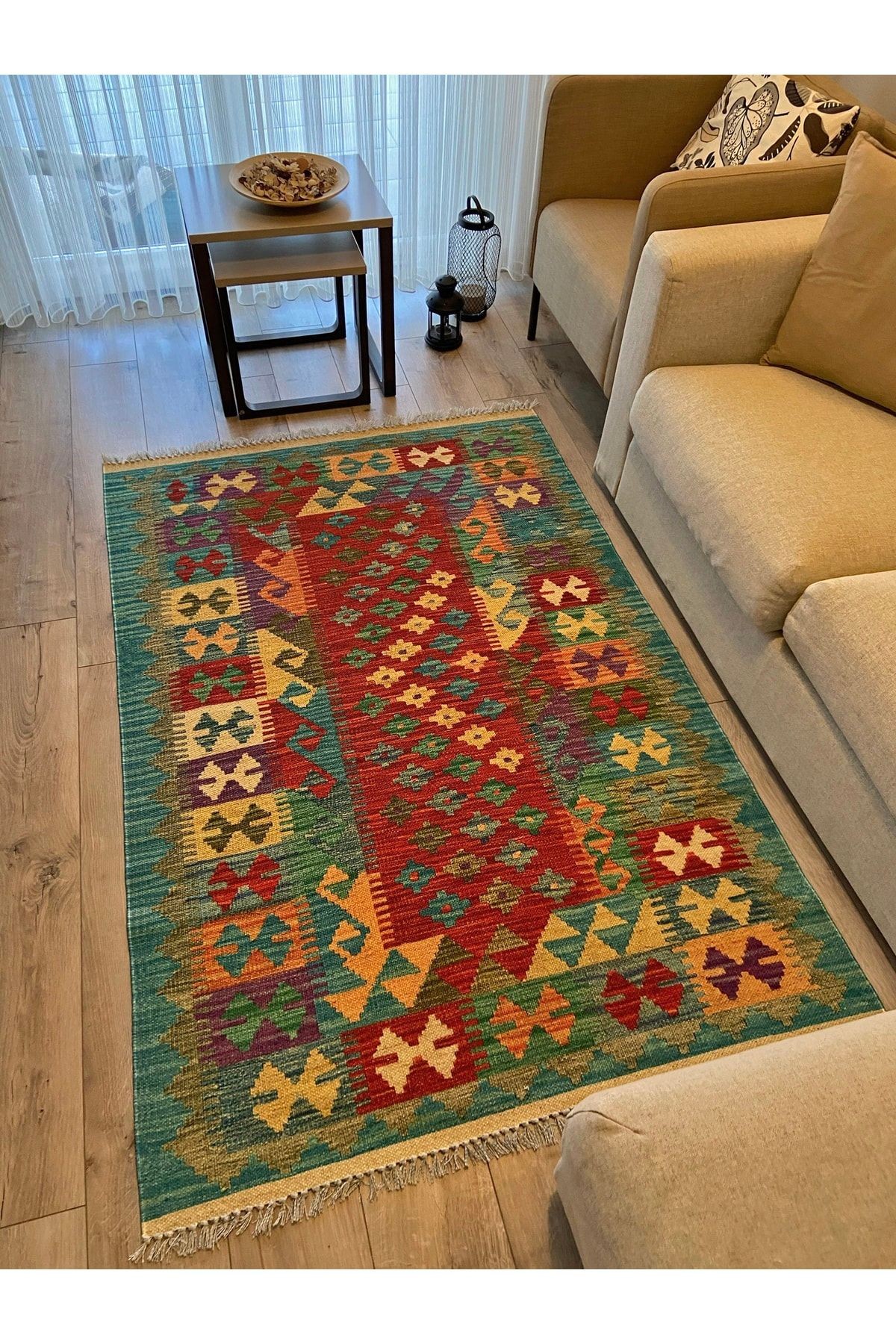 Desenli Yeşil Pamuklu Çok Renkli Otantik Ve Etnik Kilim 507