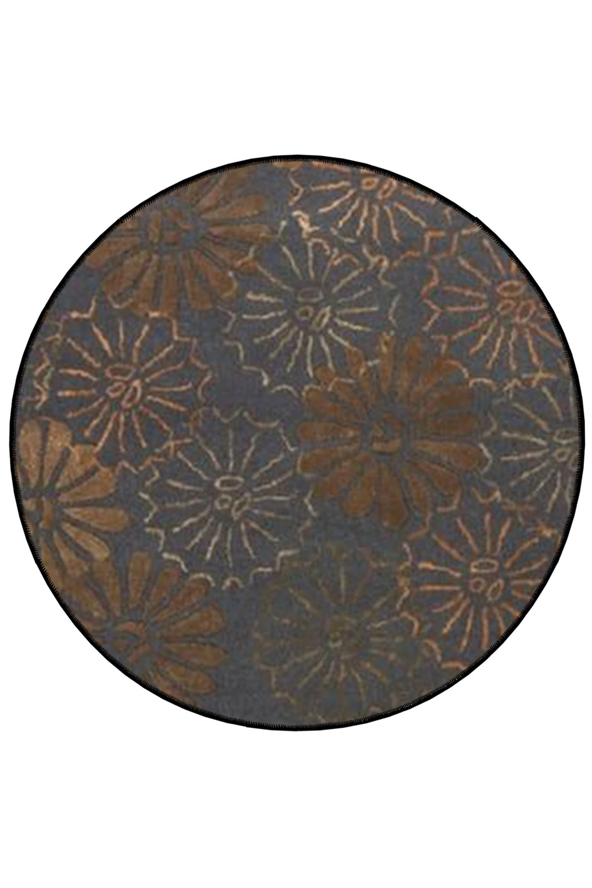 Mira Yuvarlak Gri Kahve Çiçek Detaylı Dokuma Taban Modern Dekoratif Halı 5570