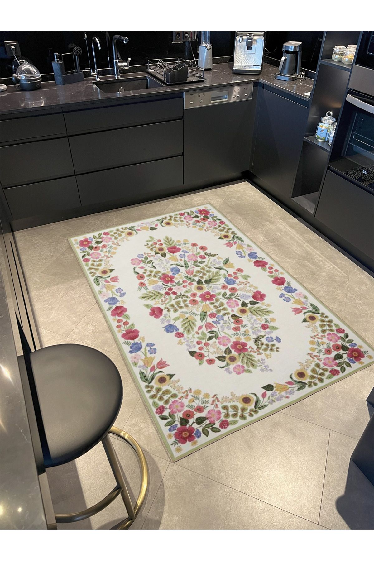Çiçekli Floral Kremli Geometrik Çizgili Desenli Dekoratif Yıkanabilir Halı miravip8412