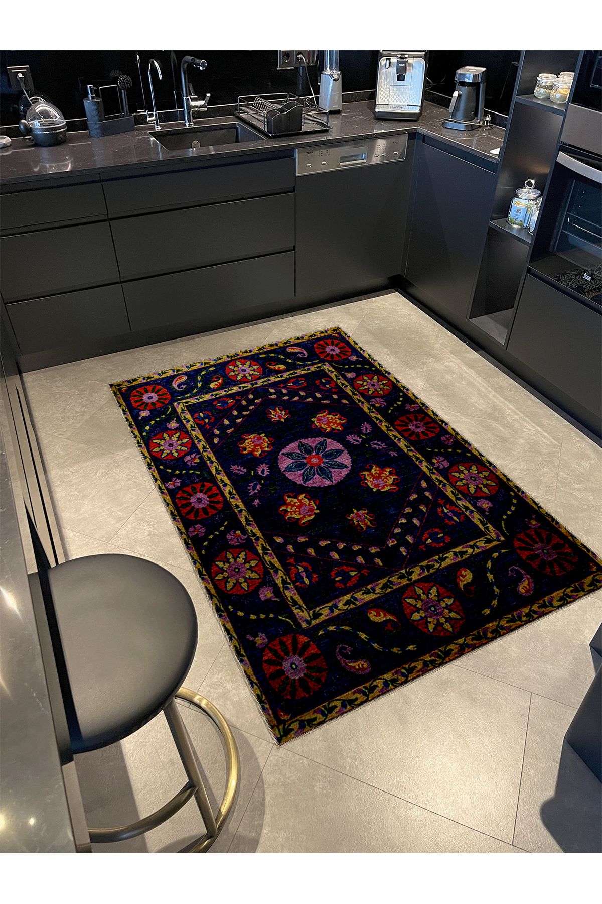 Sarı Bordür Detaylı Antik Tasarım Serisi Mor Desenli Vintage Dekoratif Halı antik48