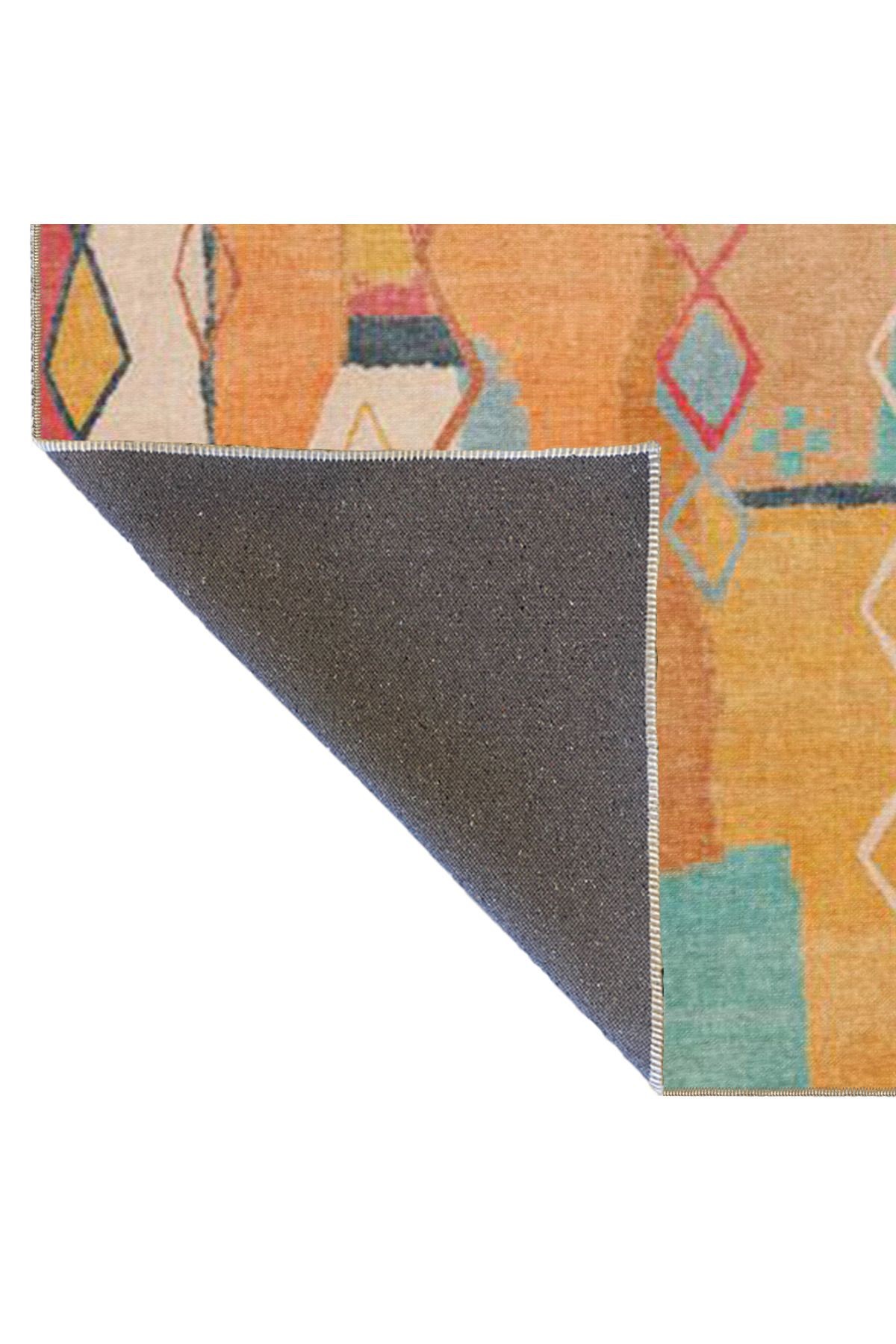 Turuncu Geometrik Şekillere Sahip Desenli Yıkanabilir Dekoratif Halı miravip8049