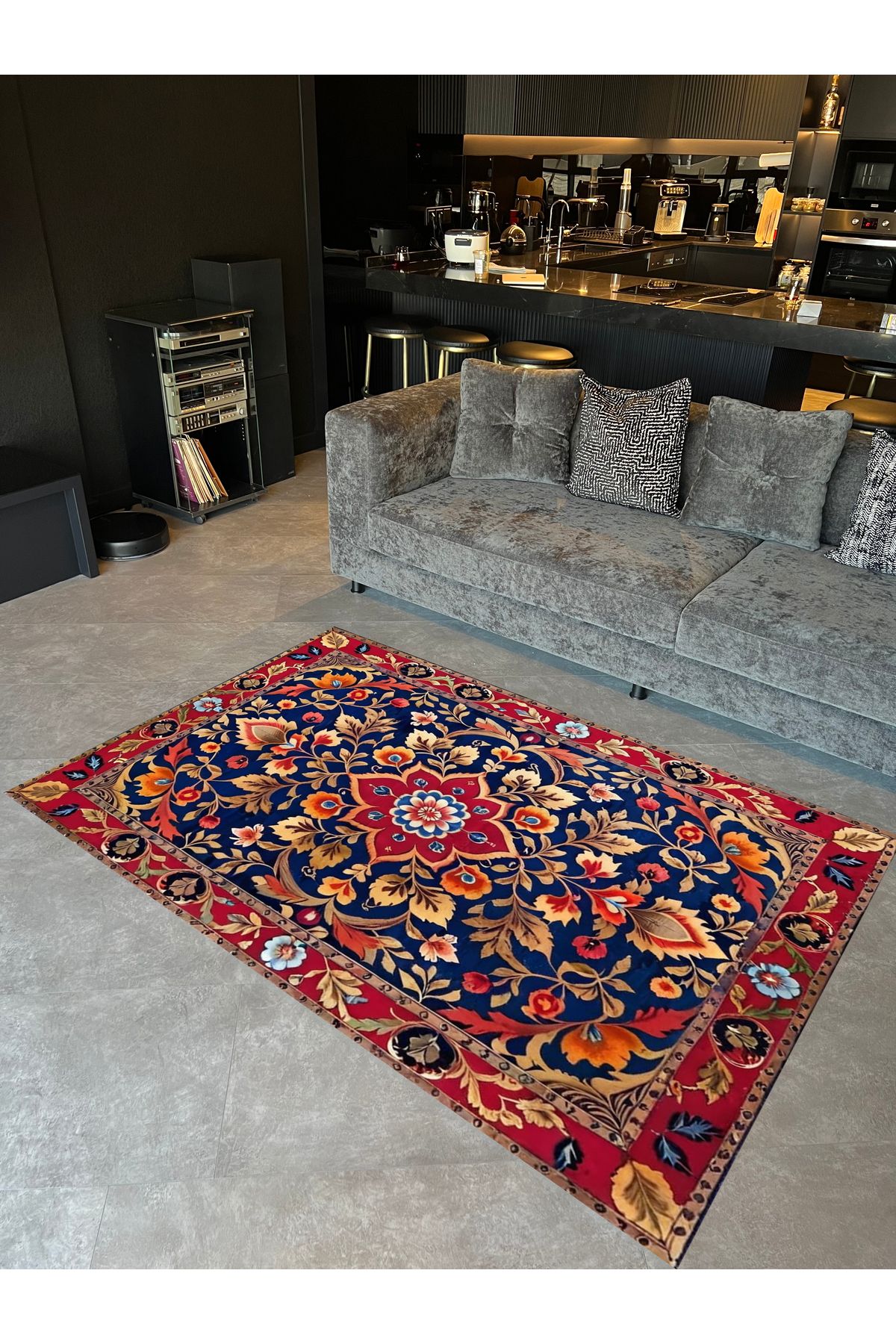 Paris Koleksiyonu Lacivert Temalı Etnik Motifler ve Çiçek Desenli Vintage Dekoratif Halı 54