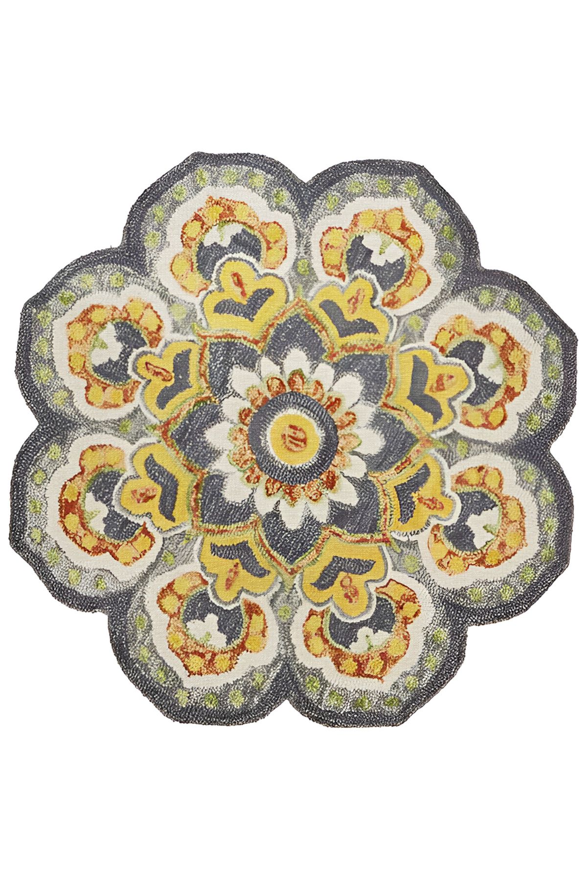 Sarı Mavi Temalı Çok Renkli Geleneksel Motif Desen Vintage Dokuma Taban Yuvarlak Dekoratif Halı 2105