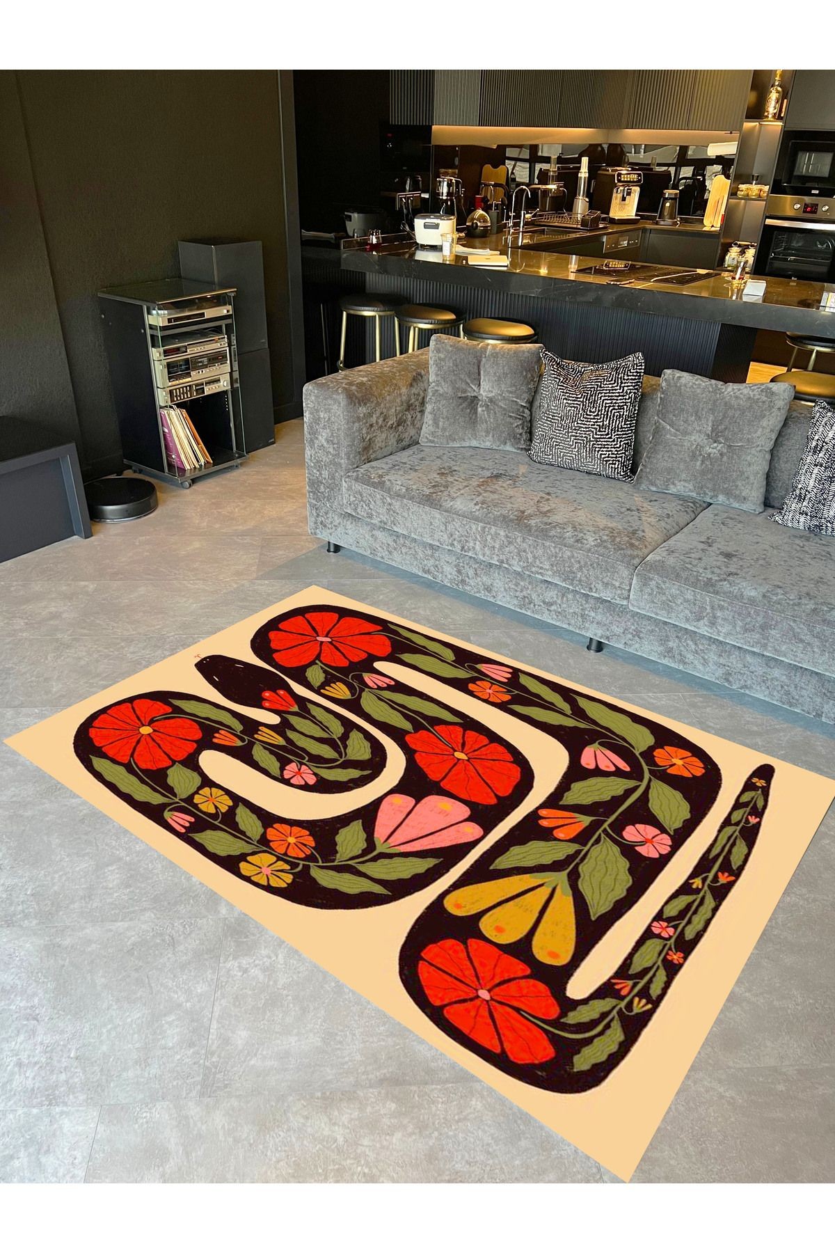 Kemal Koleksiyonu Bej Temalı Floral Detay Yılan Desenli Dokuma Taban Modern Dekoratif Halı 37