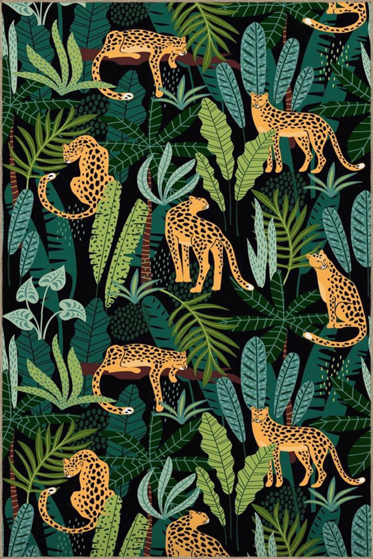 Siyah Yeşil Temalı Lepar ve Ağaç Desenli Modern Dekoratif Halı 3574