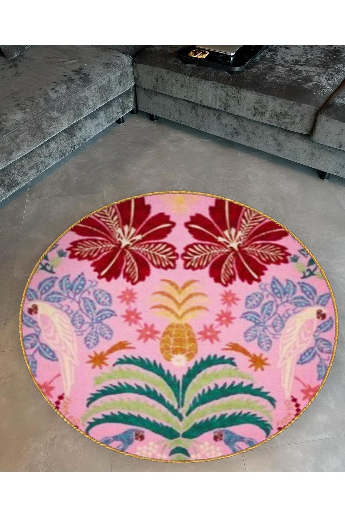 Pembe Temalı Karma Çiçek Desenli Yuvarlak Dokuma Taban Vintage Dekoratif Halı 6110