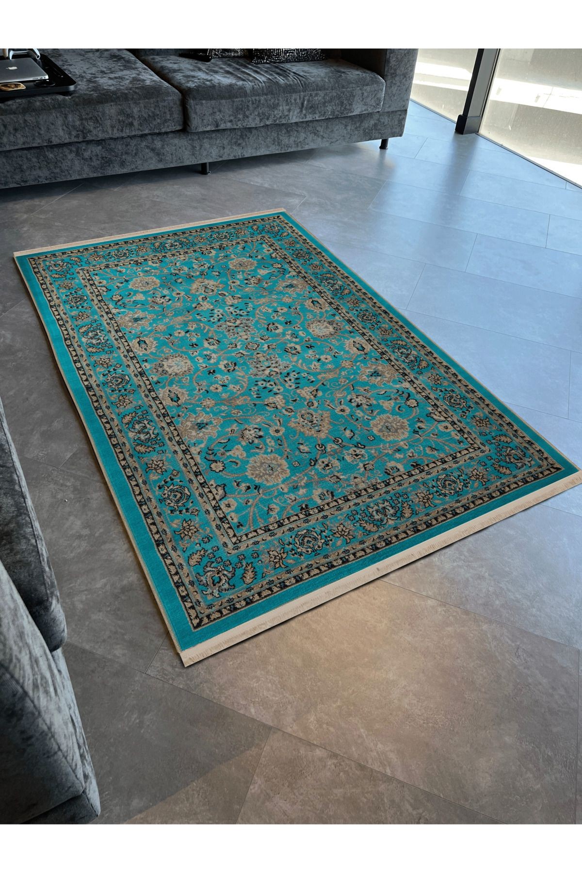 Turkuaz Temalı Motifli Etnik Çiçek Desenli Kreatif Vintage Dekoratif Halı 2807
