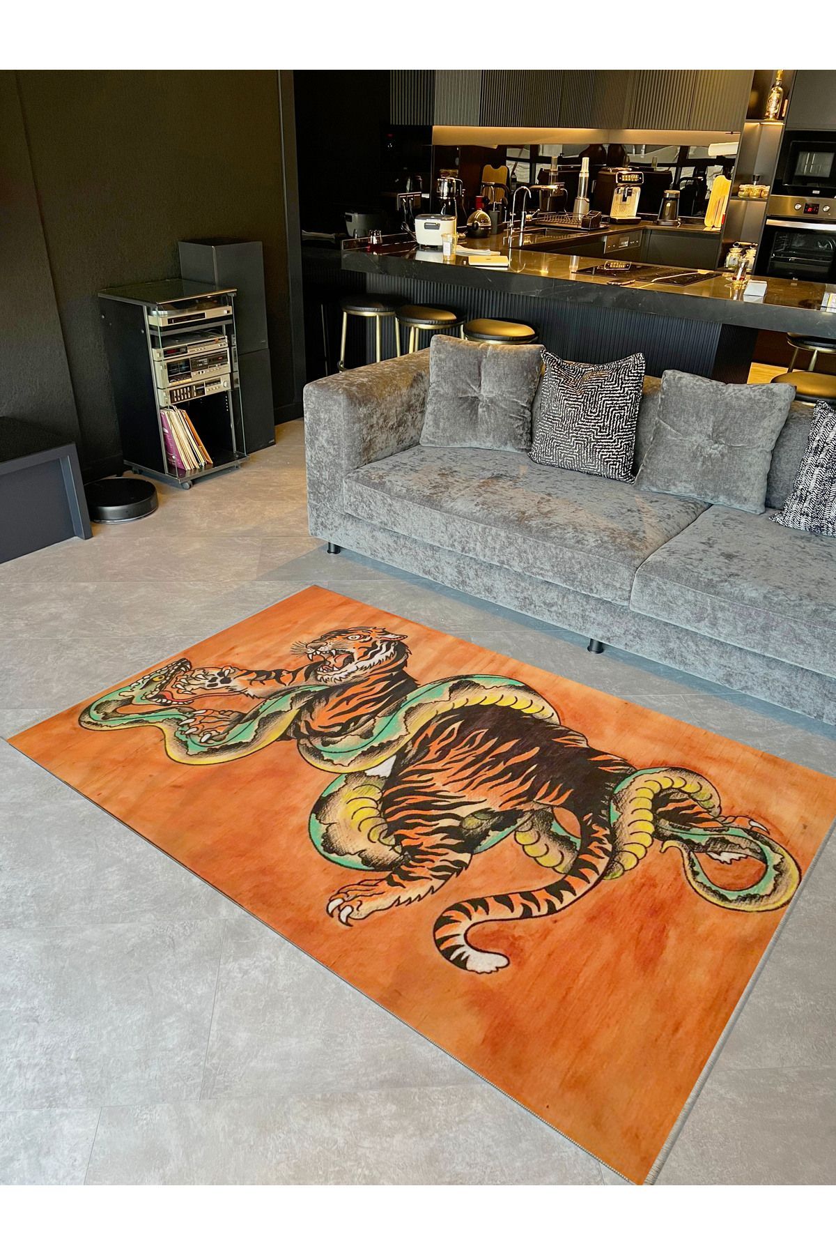 İnci Koleksiyonu Turuncu Tema Kaplan ve Yılan Desenli Dokuma Taban Modern Dekoratif Halı inci22